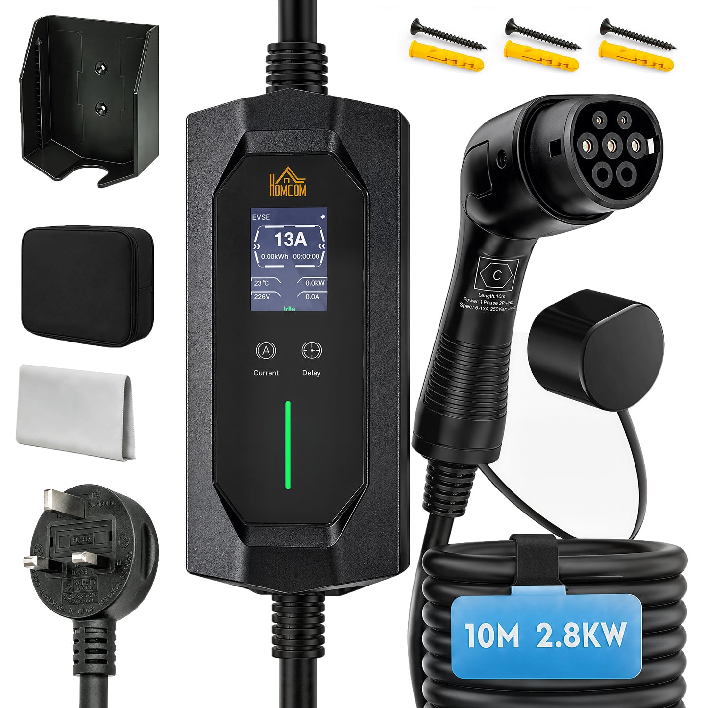 EV Charger Type 2 to 3 Pin UK Plug, 10 m, 2.8 kW, 6/8/10/13 A, IP65 Electric Car Charger Type 2 Charging Cable with 1-12 h Time Delay/Duration, LCD Screen, Bag for EVs, PHEVs for Home/Travel