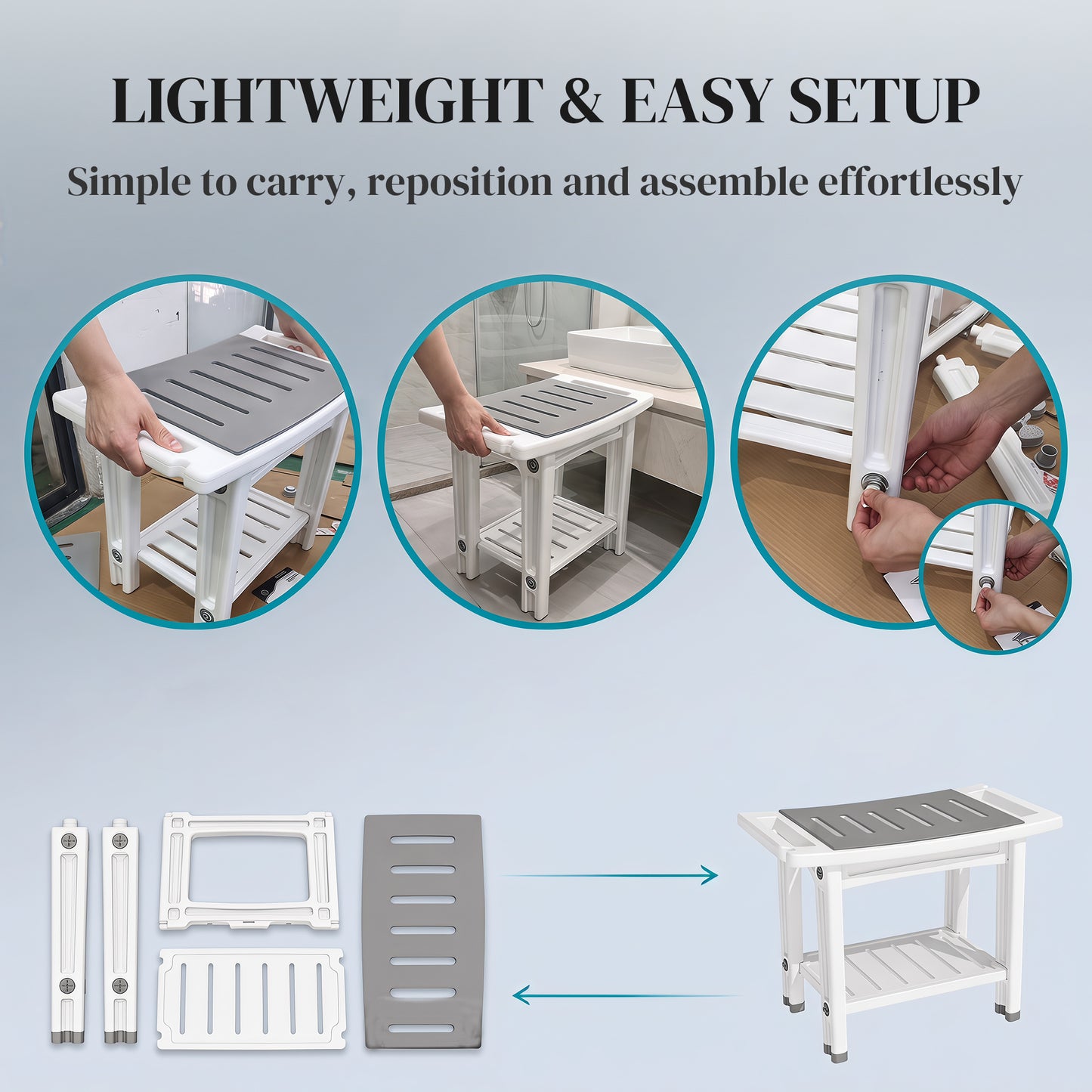 2-Tier Shower Bench with Shelf 4 Legs White and Grey