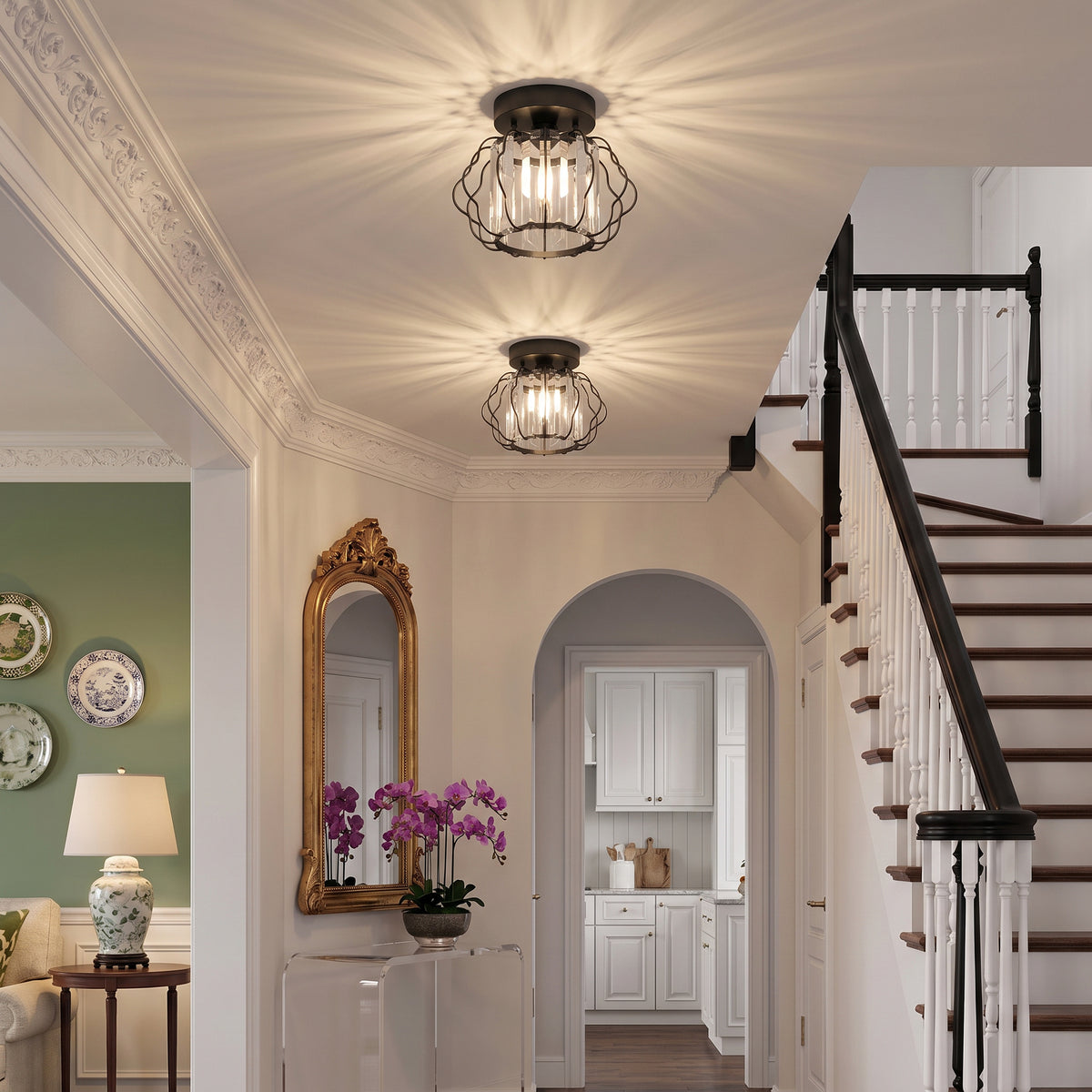 Set of 2 Crystal Ceiling Lights (E27 Bulbs Not Included) - Black