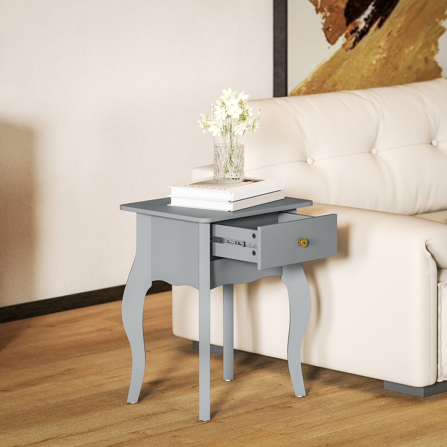 End Table French Style Small Table with Drawer and Curved Legs, Grey