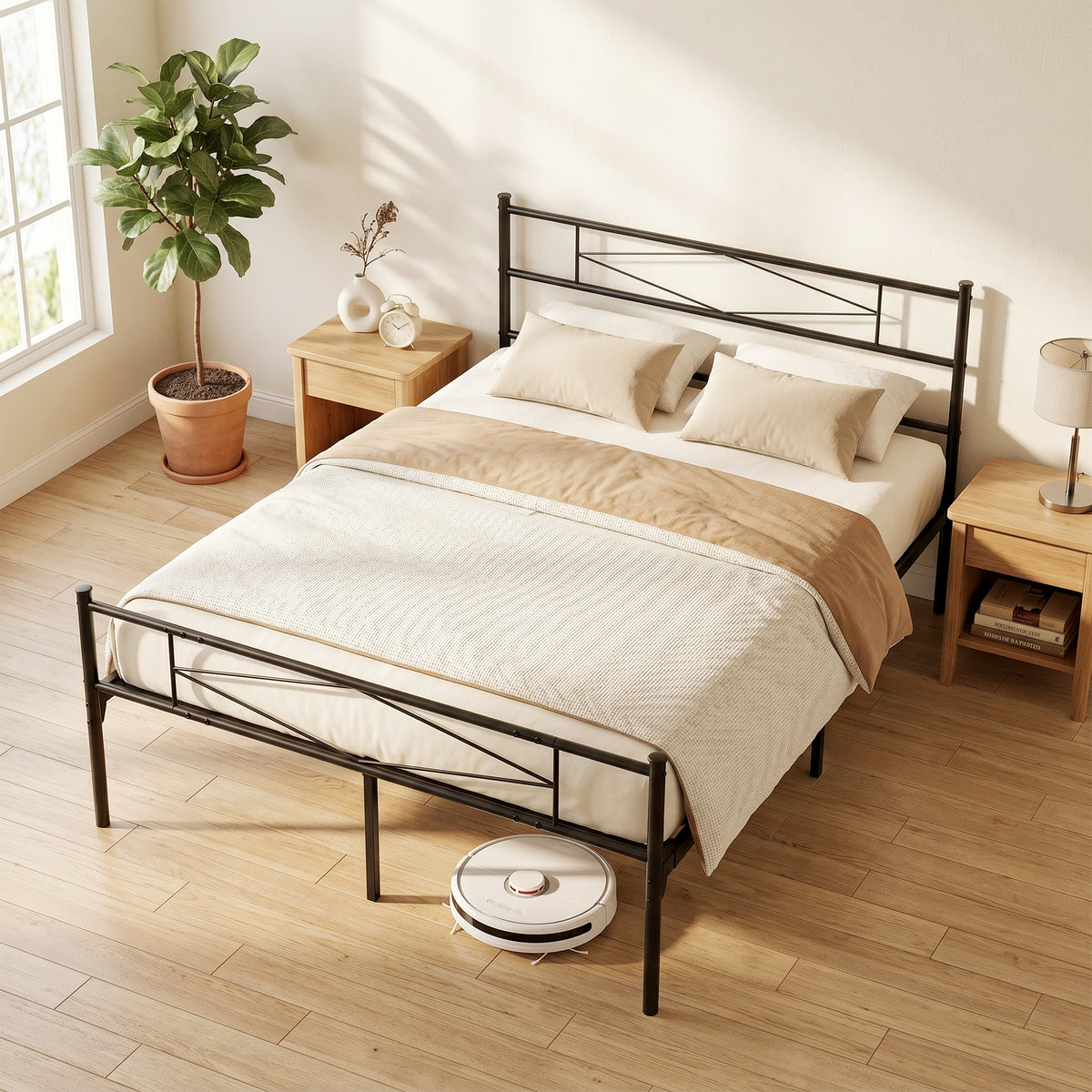4ft6 Double Metal Bed Frame with Headboard, Footboard and Underbed Storage - Black