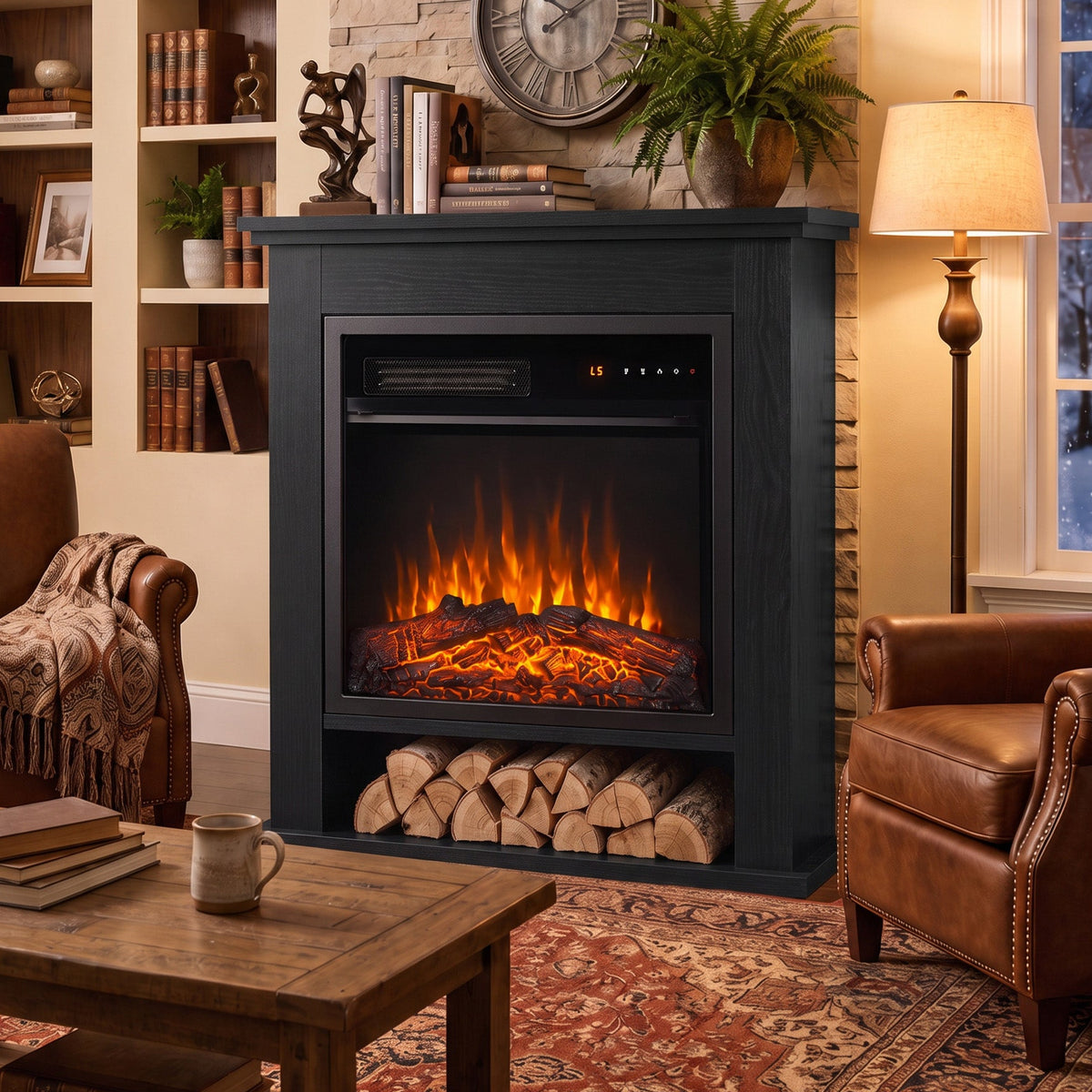 1800W Freestanding Electric Fireplace Suite with Log Shelf and Remote - Black