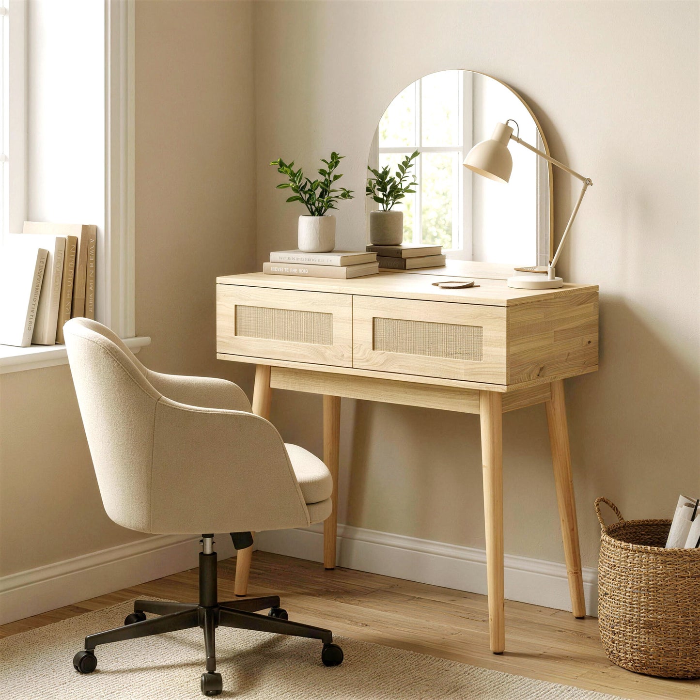 Dressing Table, Vanity Desk w/ Mirror, 2 Drawers, Natural Wood Finish