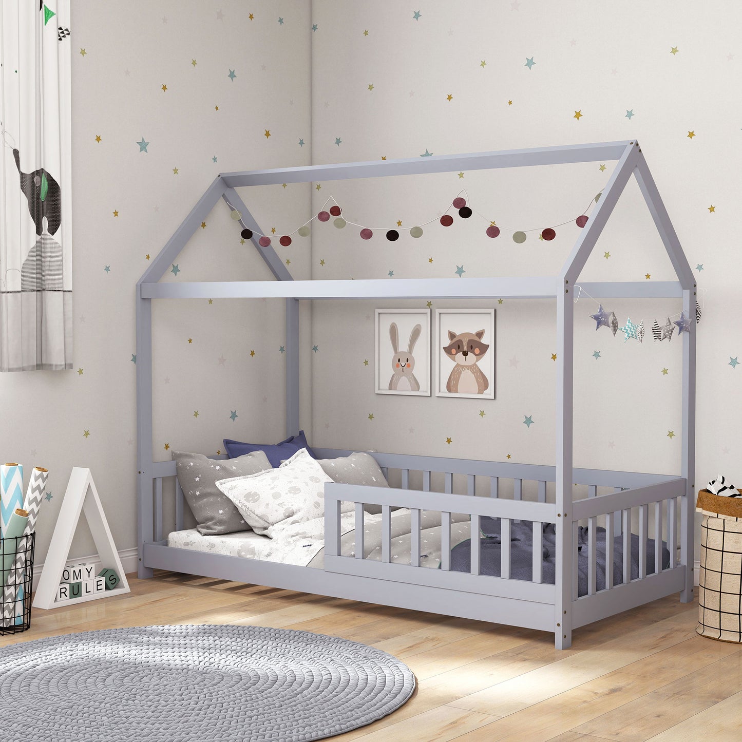 House-Shaped Kids Bed Frame with Guard Rails for Boys Girls, Grey