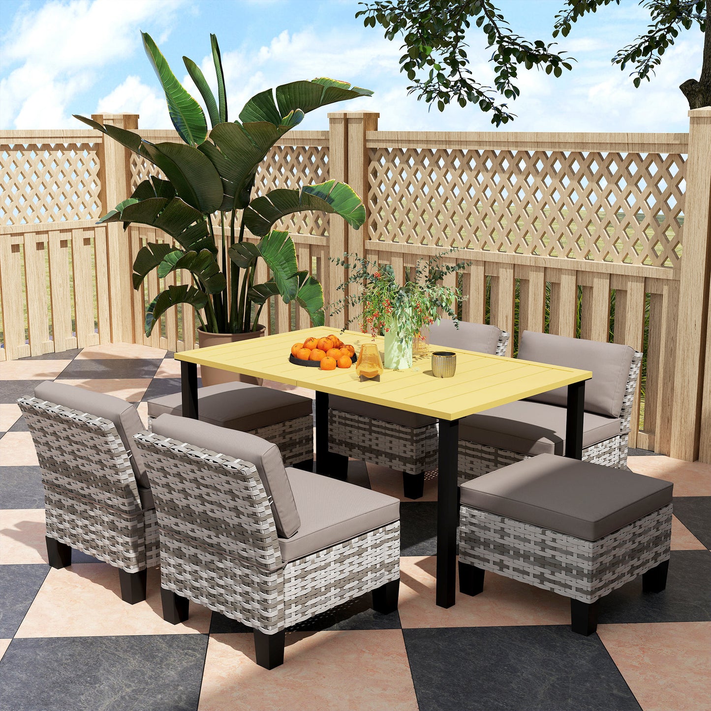 7 PCS Rattan Garden Dining Set with Cushions, Umbrella Hole, Grey