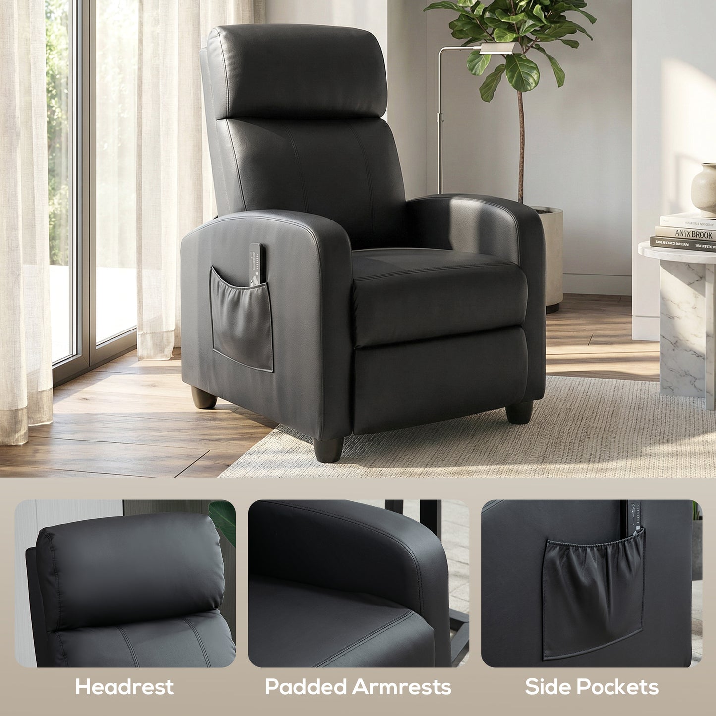 Recliner Sofa Chair PU Leather Massage Armcair w/ Remote Control, Black