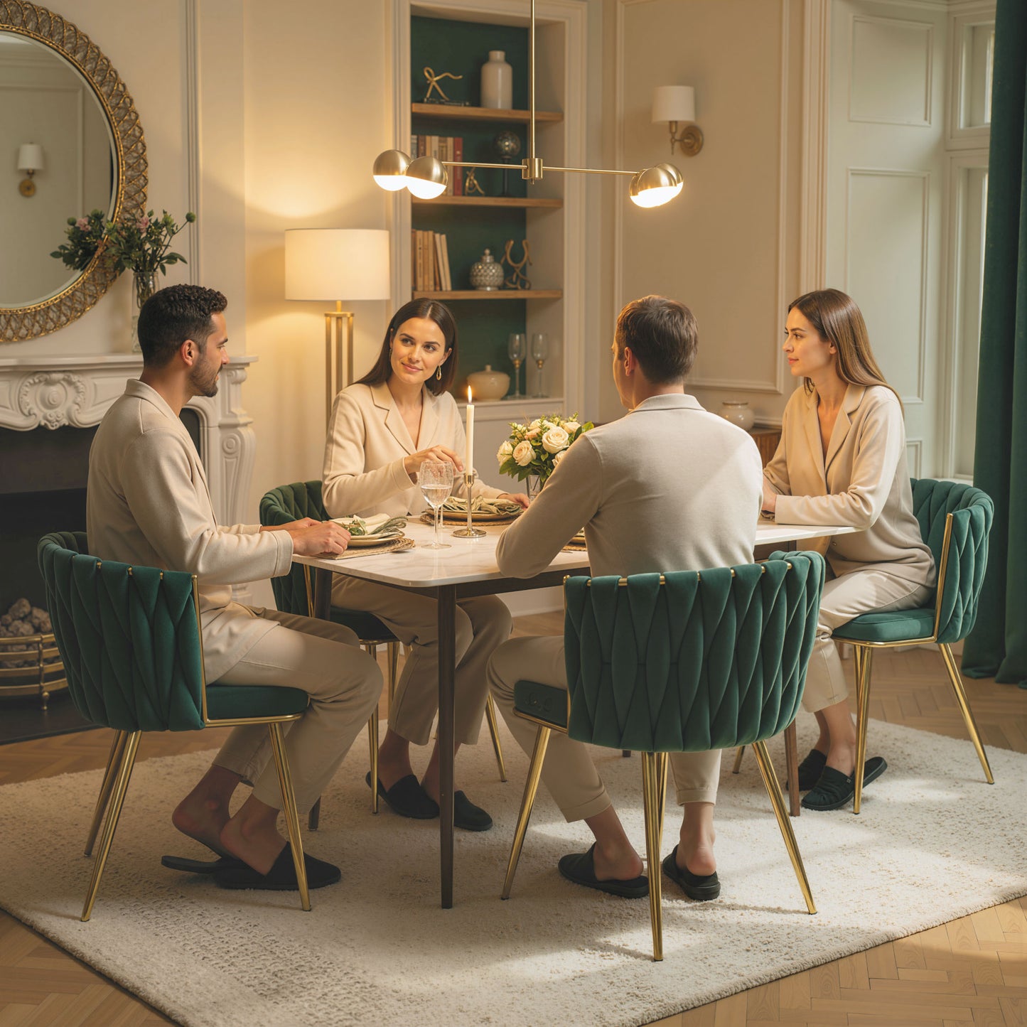 Upholstered Kitchen Chairs Set of 2 with Woven Backrest, Dark Green