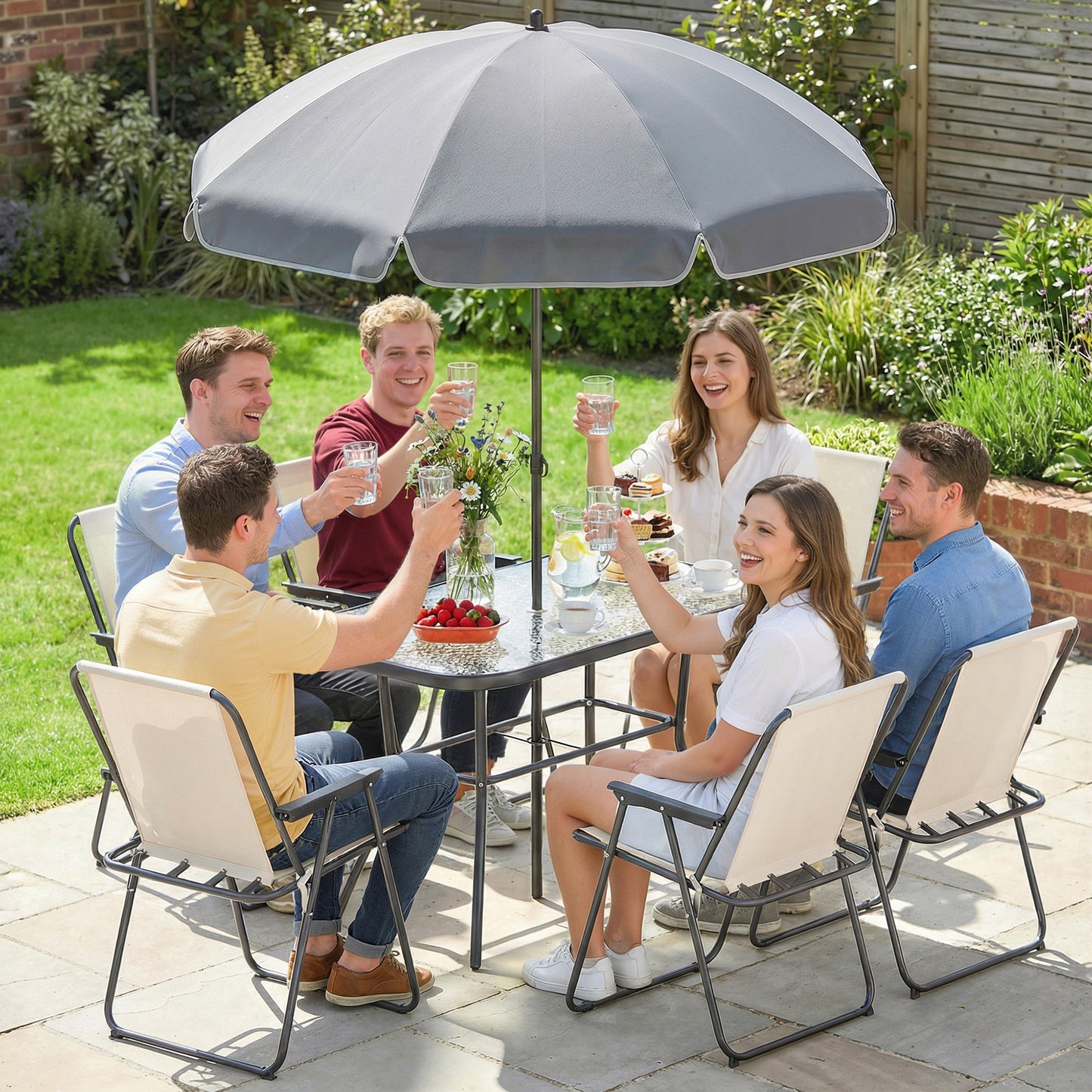 8 Piece Garden Dining Set with 6 Folding Chairs and Umbrella, Cream