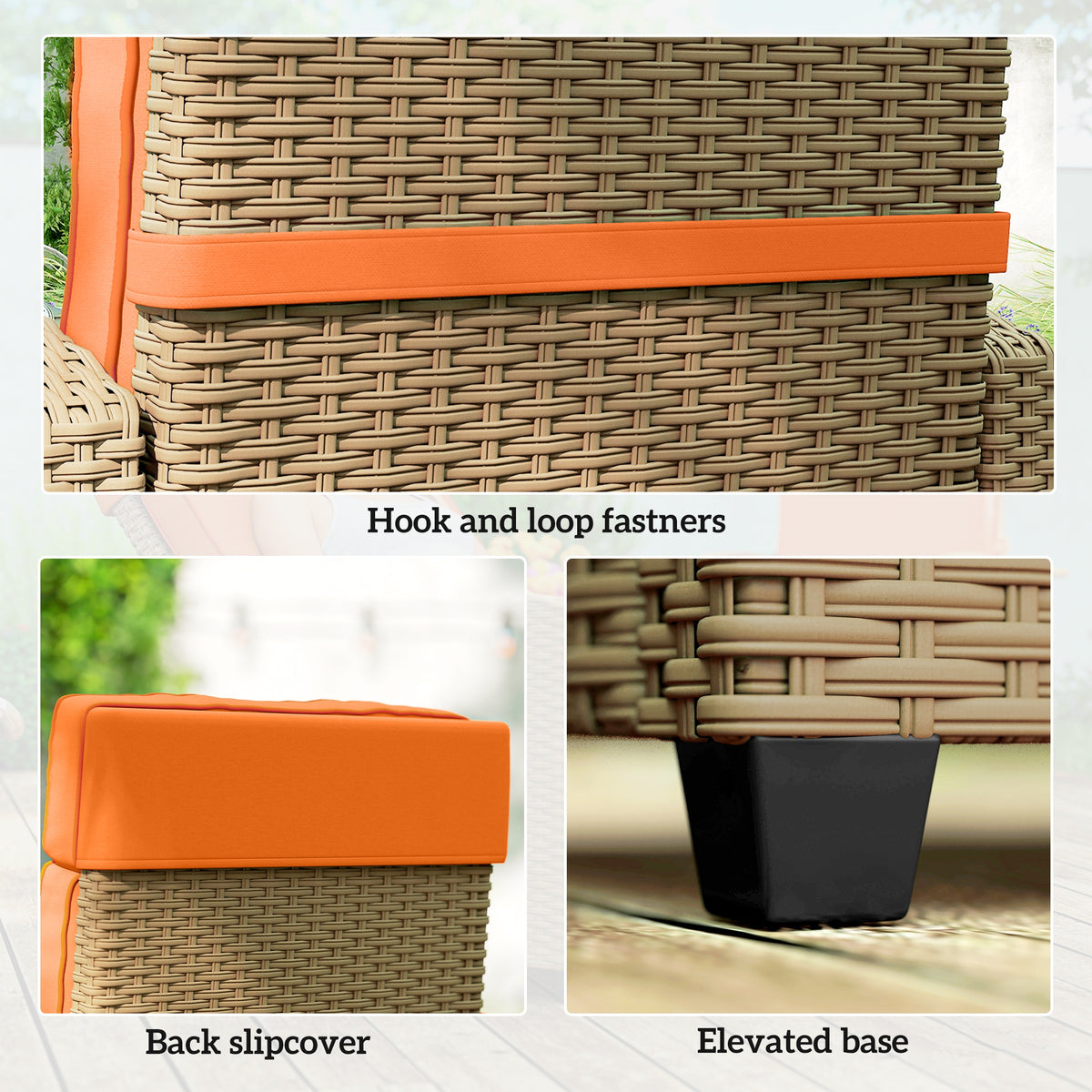 Reclining Rattan Garden Chair with Footrest, Flip-Up Side Tray, Cushion and Headrest - Khaki & Orange
