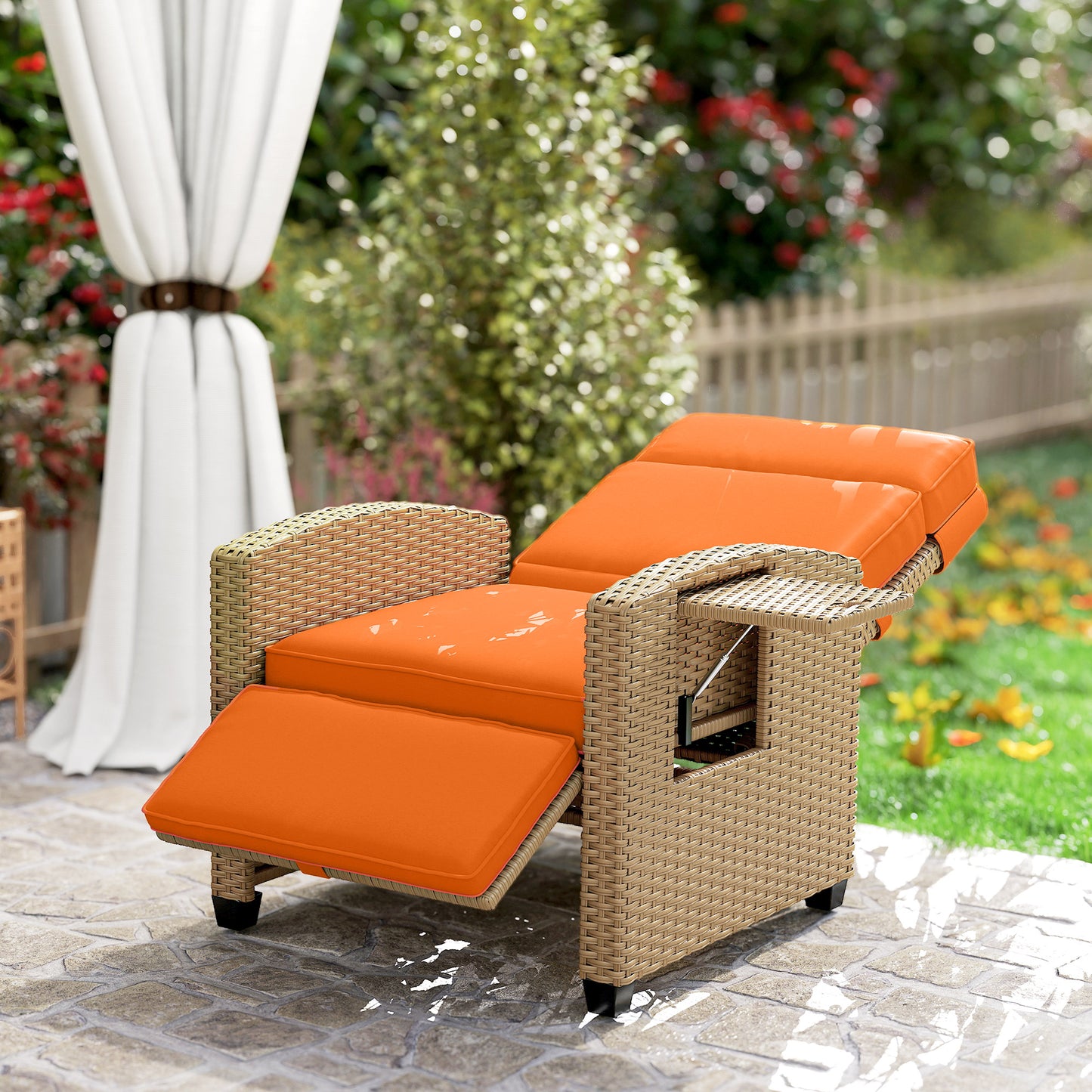 Rattan Garden Recliner Sun Lounger w/ Flip Table, Khaki/Orange