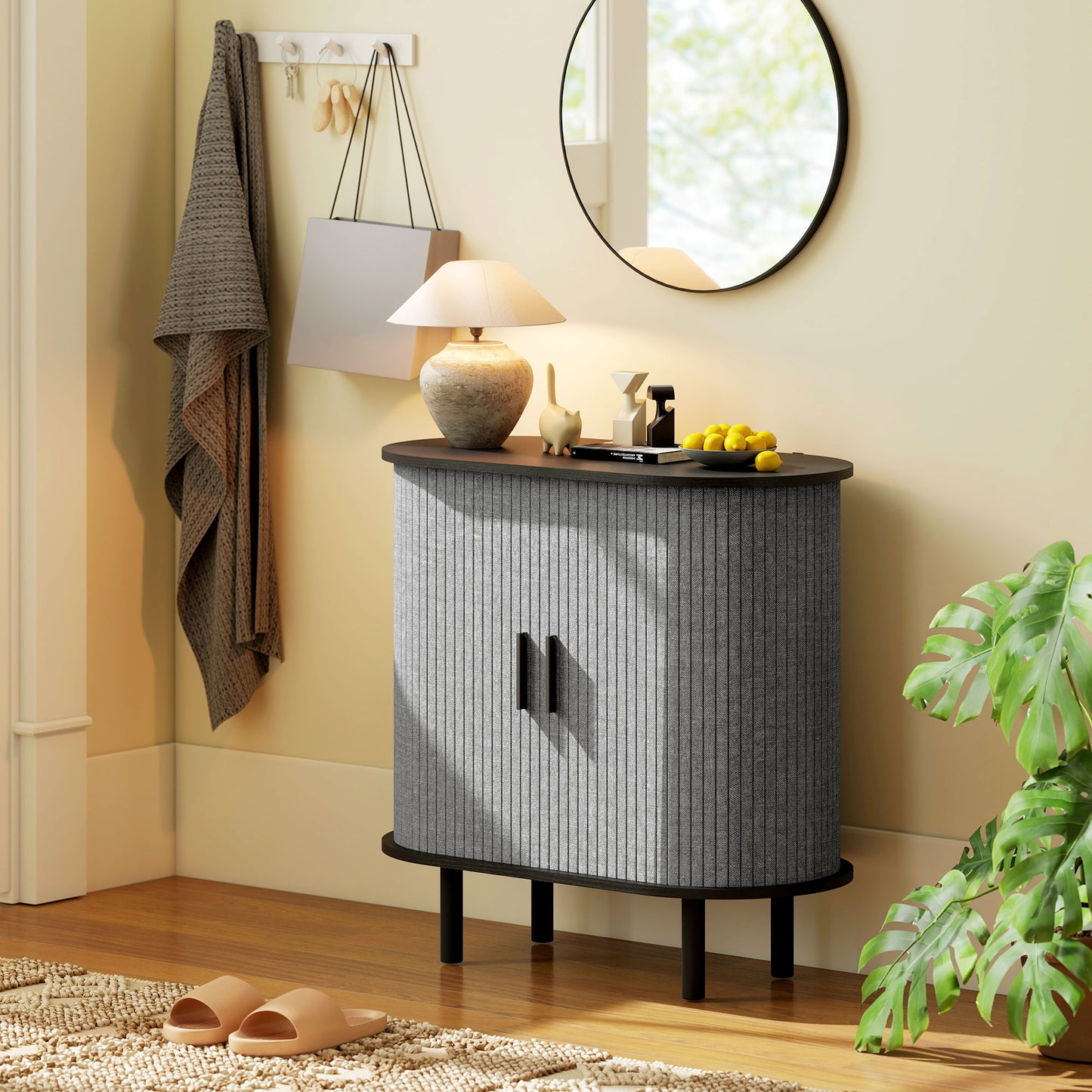 Modern Sideboard with 2 Sliding Doors Tambour Kitchen Cupboard Grey