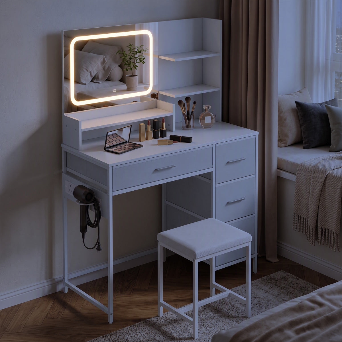 Vanity Dressing Table with 3-Colour LED Mirror and Power Outlet