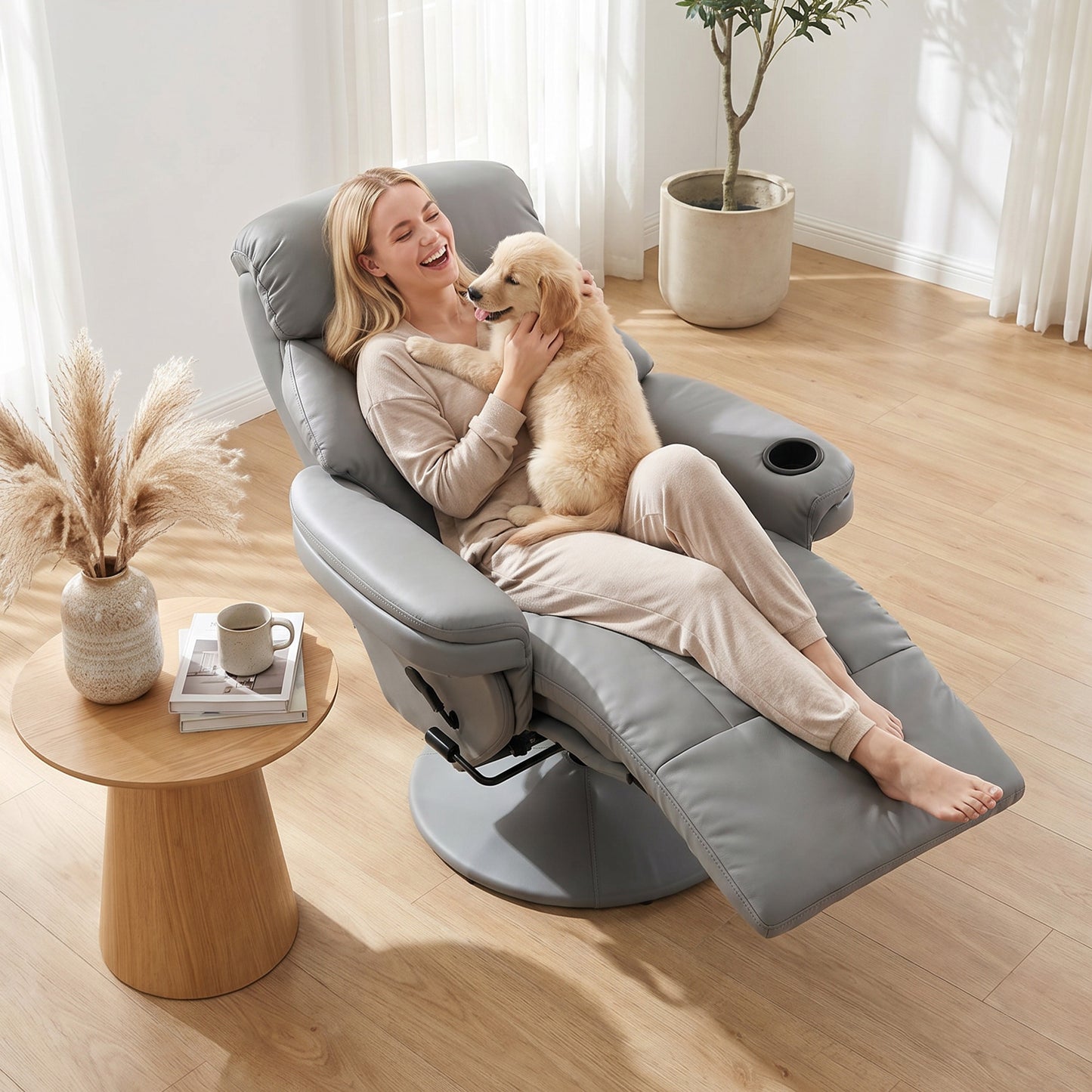 Upholstered Reclining Armchair with Adjustable Backrest, Grey