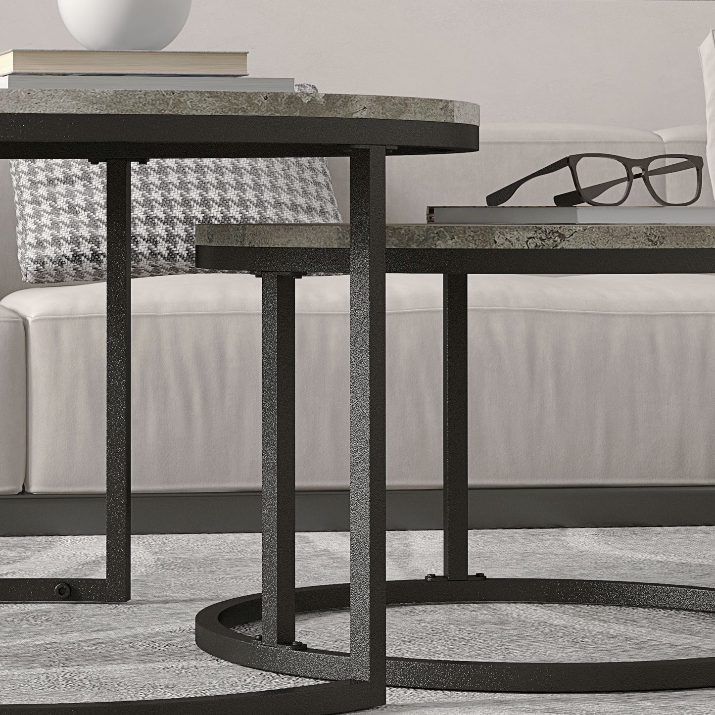 2 Pcs Stacking Coffee Table Set Steel Frame Cement-Effect Top Foot Pads