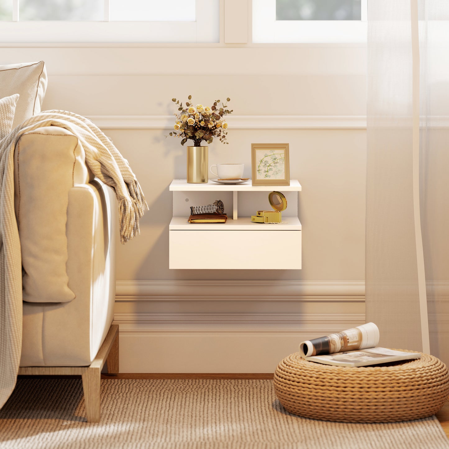 Modern Nightstand Set of 2, Wall Mounted Bedside Cabinet, White