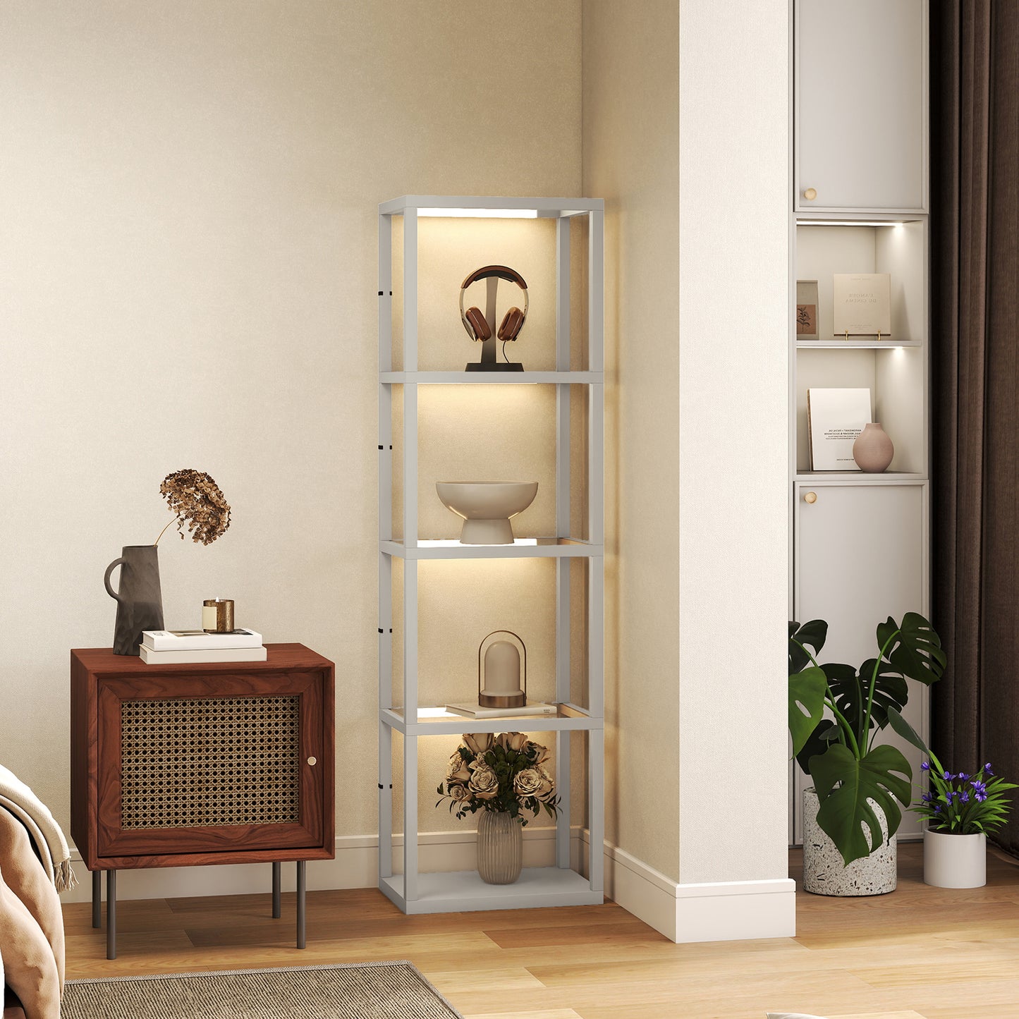 LED Floor Lamp with Glass Shelves, Dimmable Room Lamp, Grey