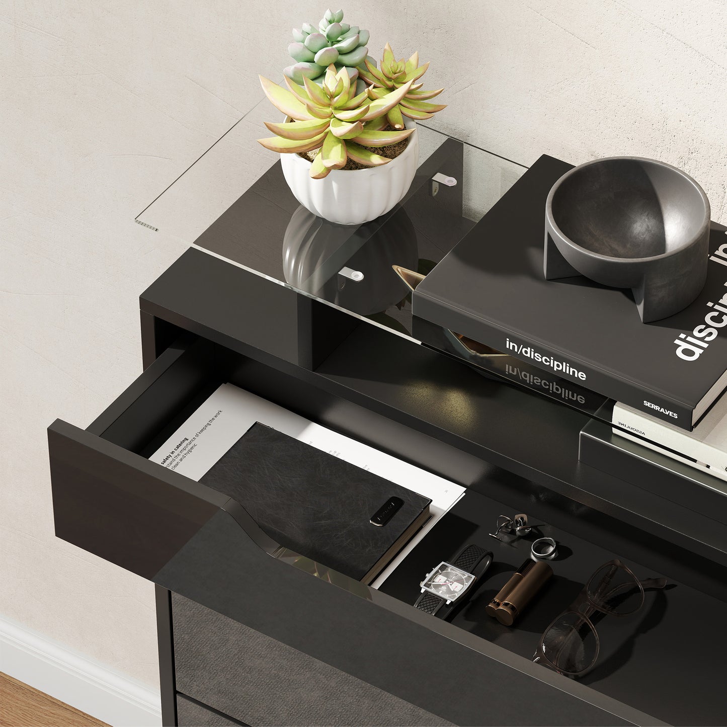 Shoe Cabinet with 3 Drawers, High Gloss Front Panels, Glass Top Black