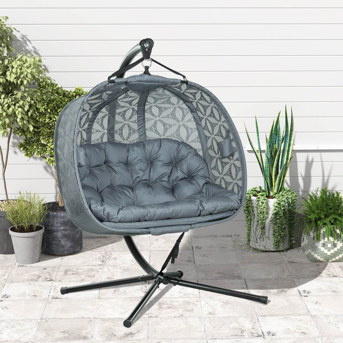 Double Hanging Swing Chair w/ Stand & Cup Holders, Charcoal Grey