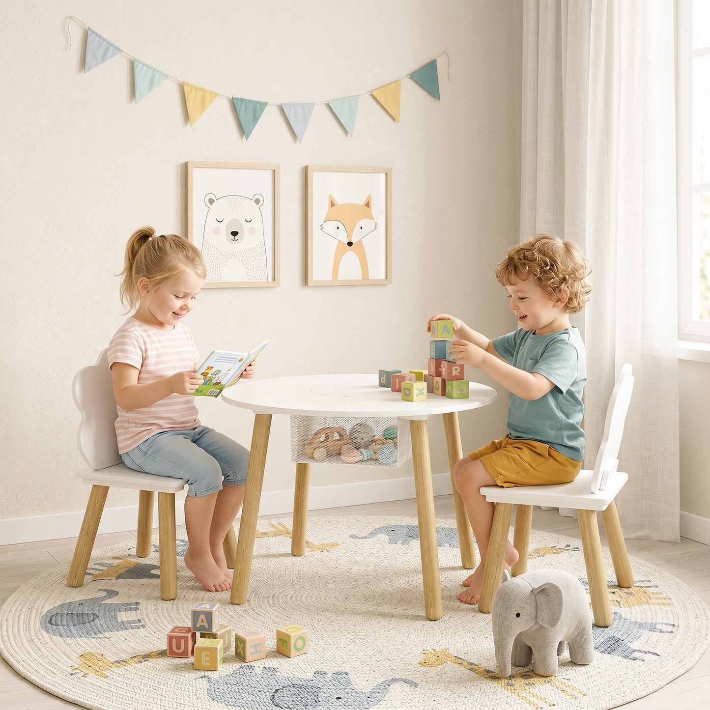 Kids Table and Chairs Set, 3 Piece Toddler Table and Chairs Set with Storage Mesh Bag, for Reading, Drawing, Art, Craft, Playroom, Nursery, Kids Bedroom, White