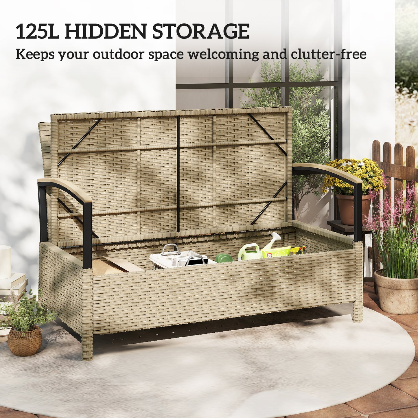 125L Garden Storage Bench, 2 Seater PE Rattan Outdoor Bench - Khaki