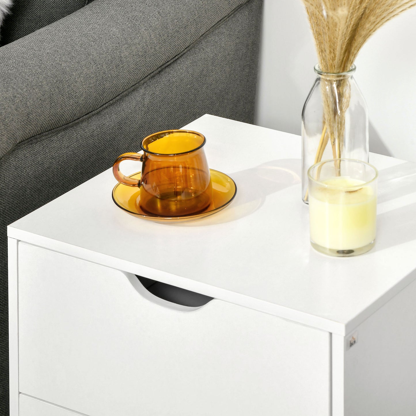 Bedside Table with Drawer, Side Table with Pine Wood Legs, White
