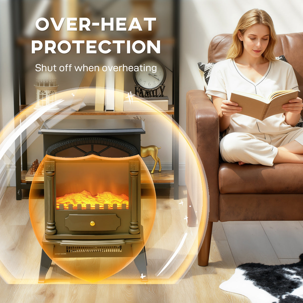1000/2000W Portable Electric Stove Fireplace with Thermostat and 3D Flame Effect - Black