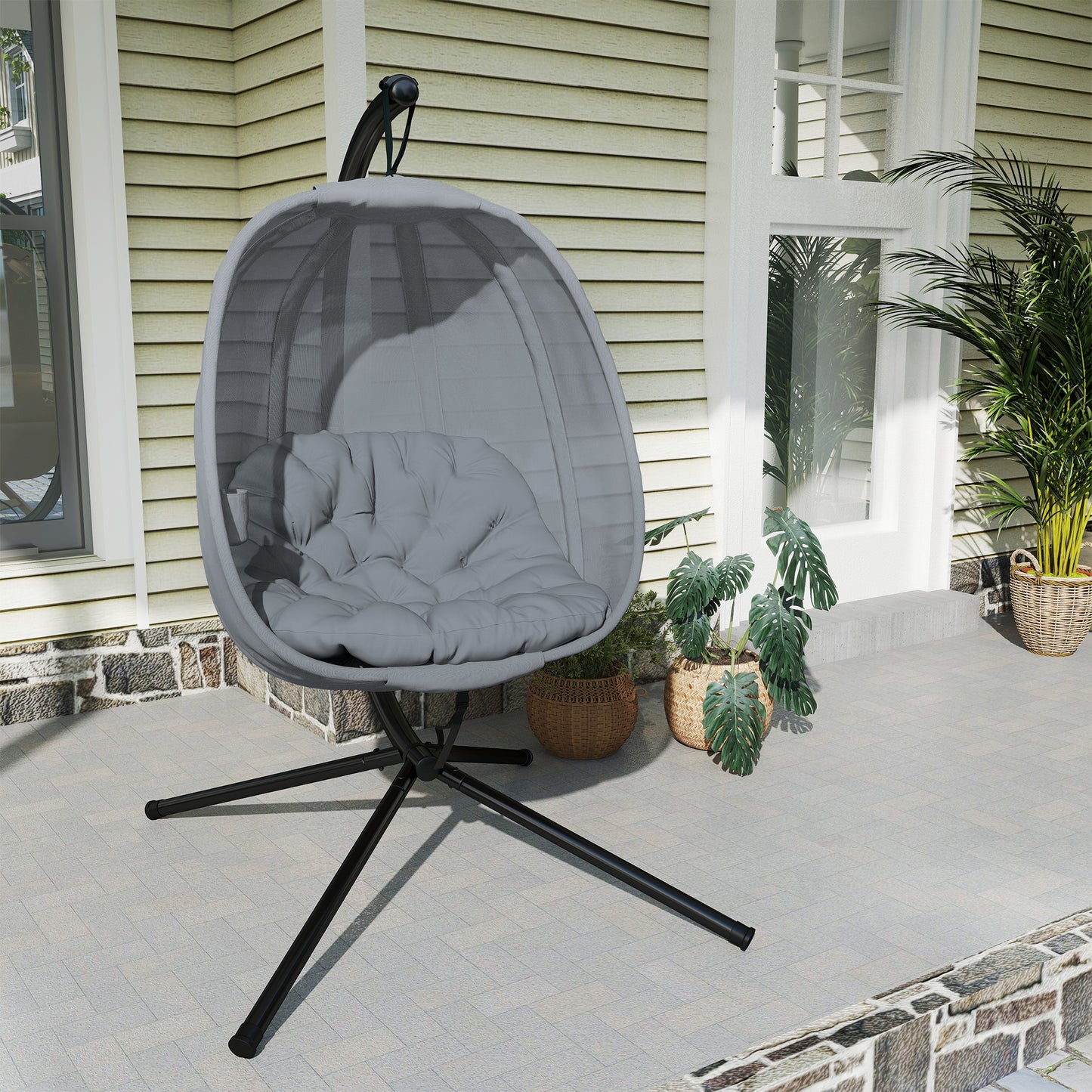 Folding Hanging Egg Chair w/ Cushion and Stand for Indoor Outdoor Grey