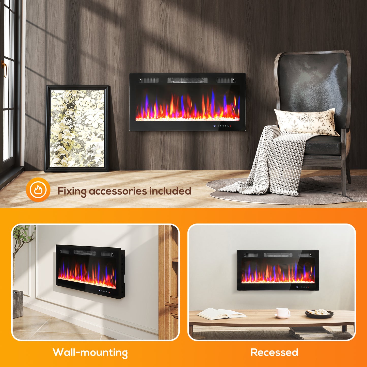 36" Wall Electric Fireplace, Slim Electric Fire, 1800W, Black