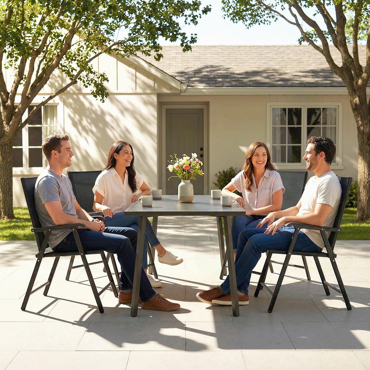 Folding Garden Chairs Set of 4 with High Back, Armrests, Black