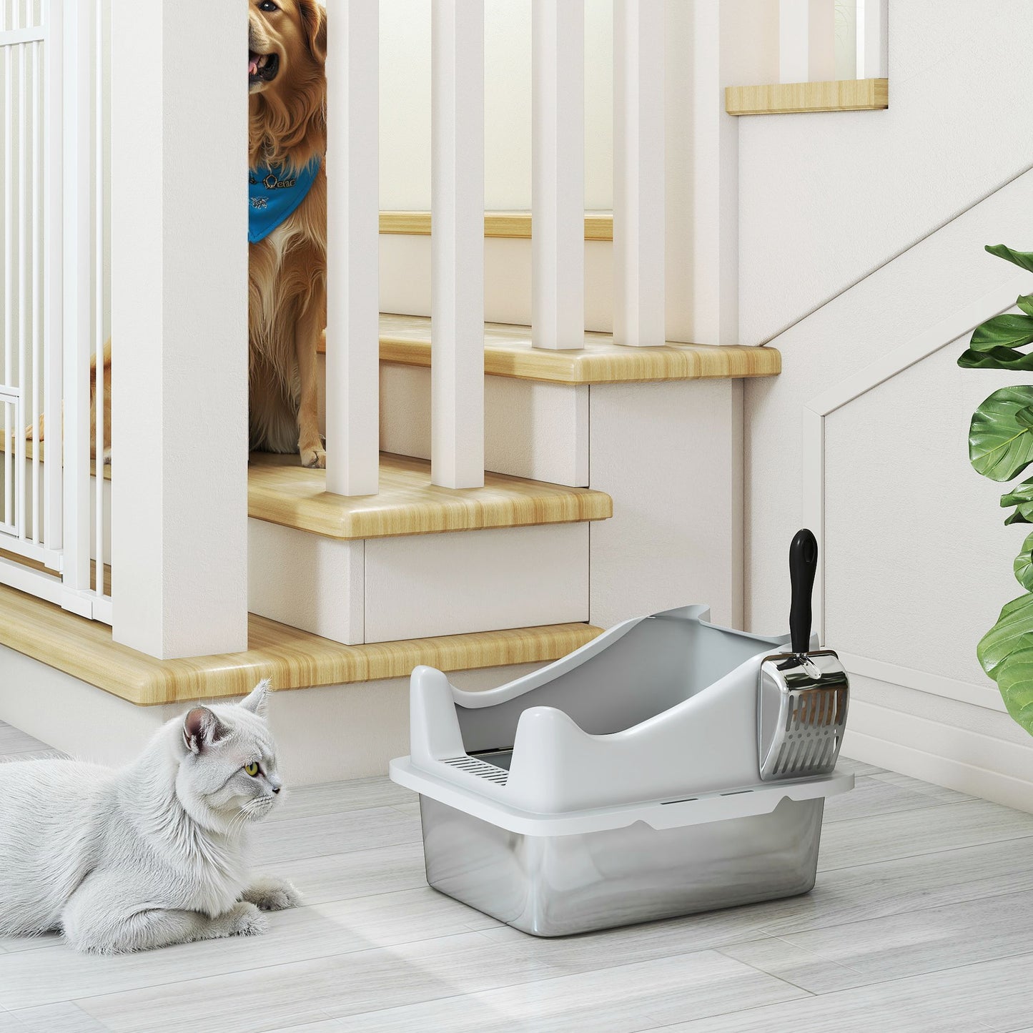 Stainless Steel Cat Litter Box with High Sides, 43 x 33 x 25 cm