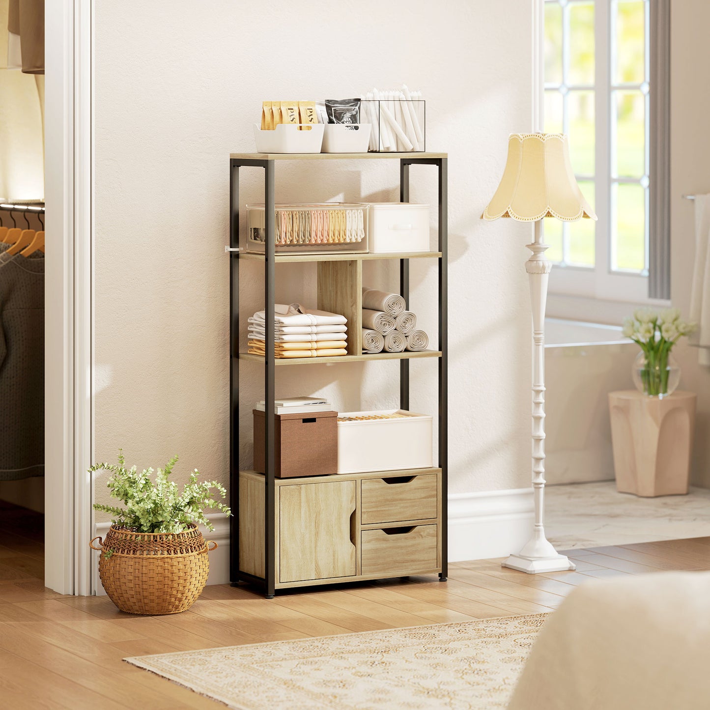 Industrial Bookshelf with 1 Cabinet and 2 Drawers, Natural Wood