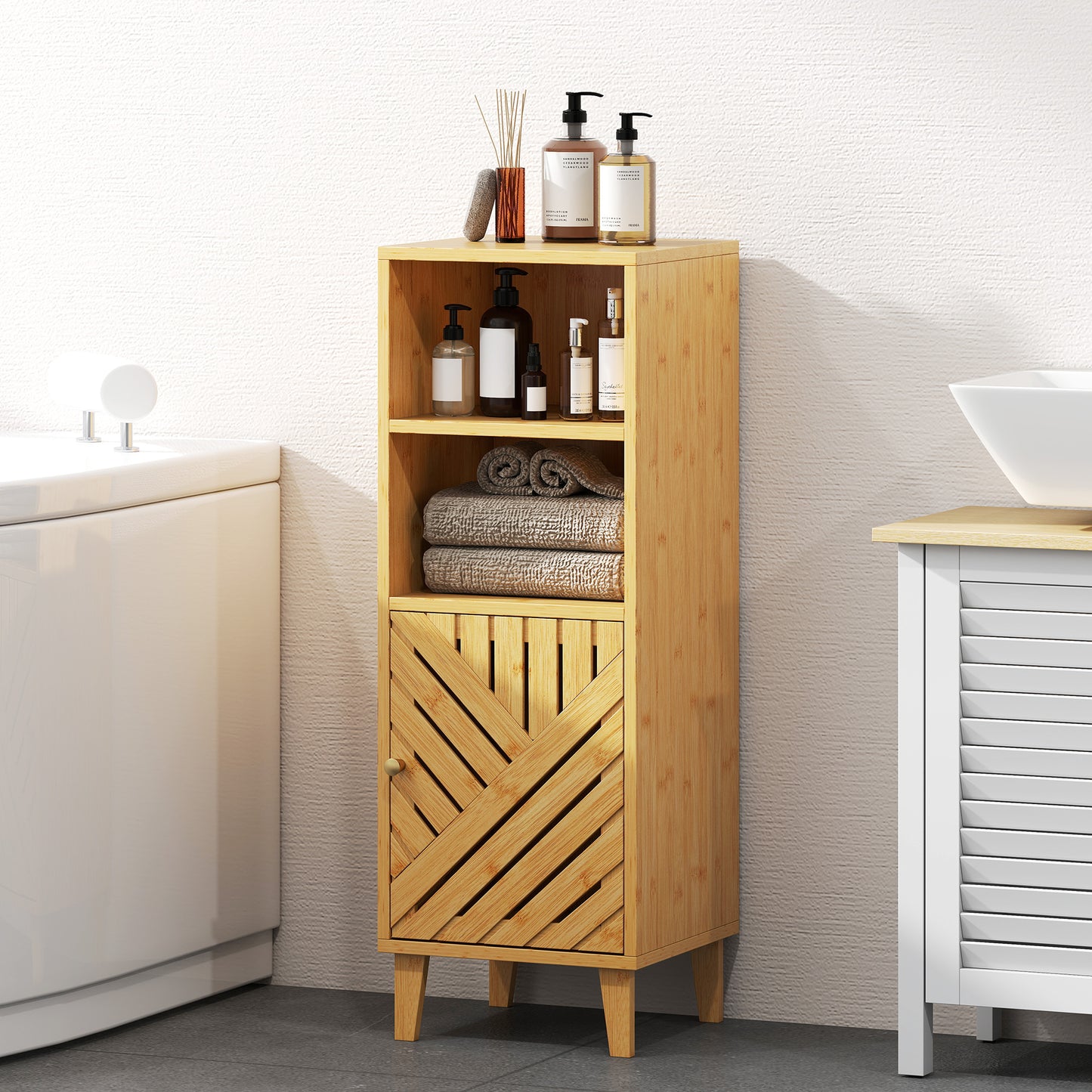 Narrow Bathroom Storage Cabinet with Open Compartments, Natural