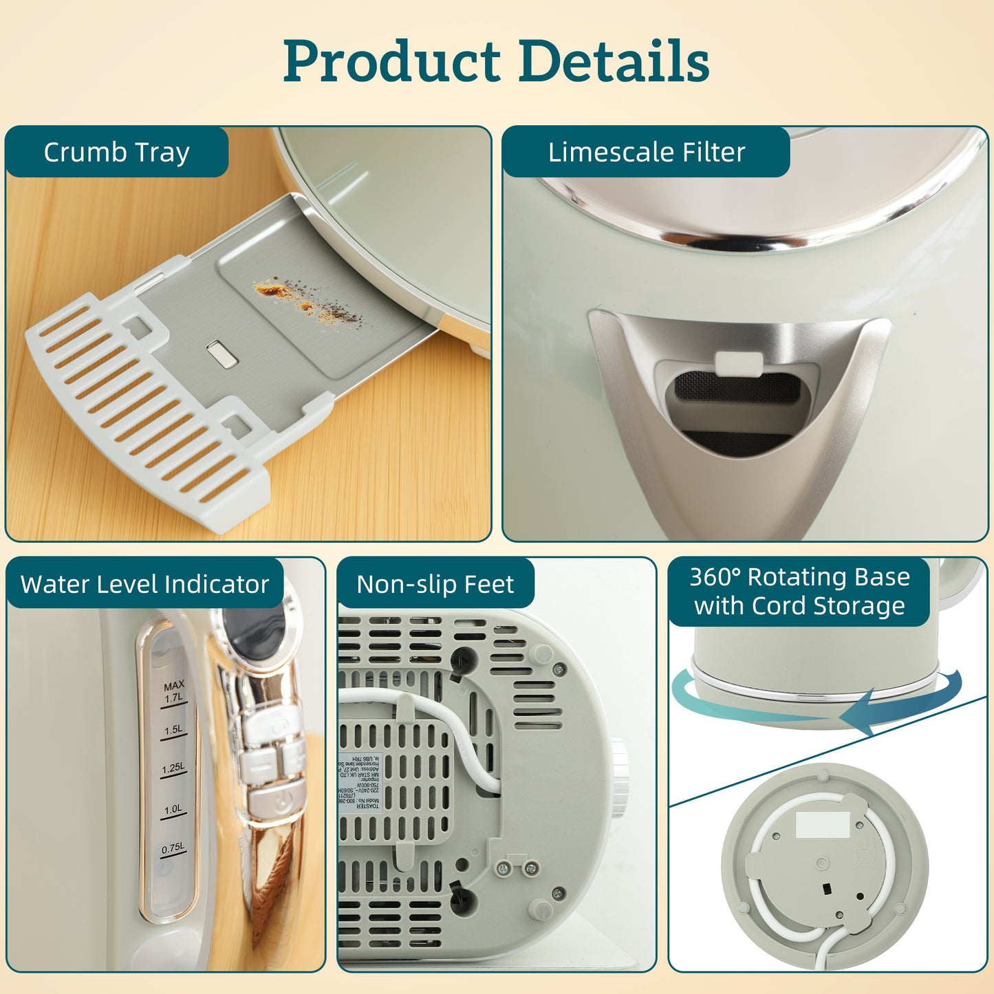 1.7L 3000W Kettle and 2 Slice Toaster with Keep Warm Memory Function