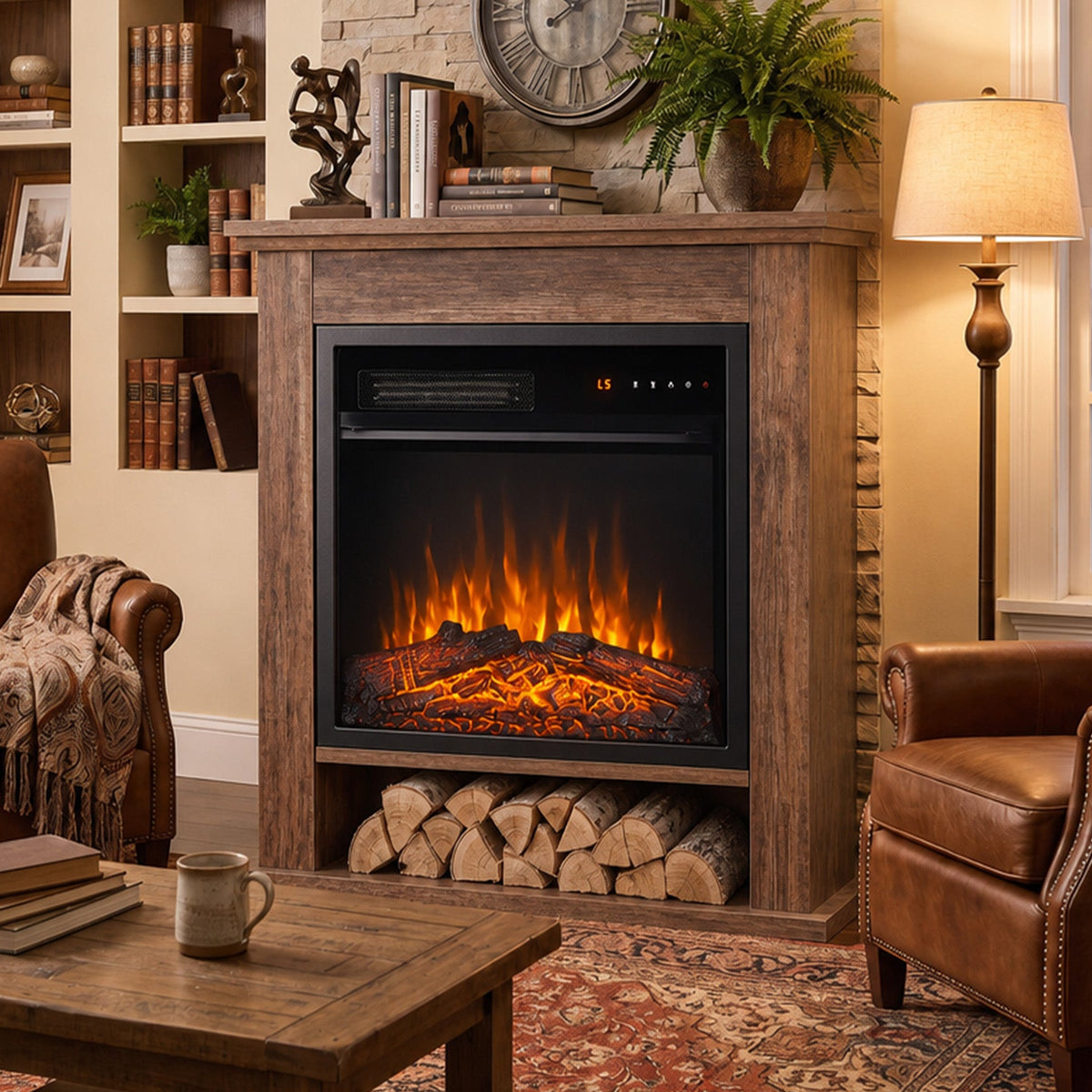 1800W Freestanding Electric Fireplace Suite with Log Shelf and Remote - Oak Effect