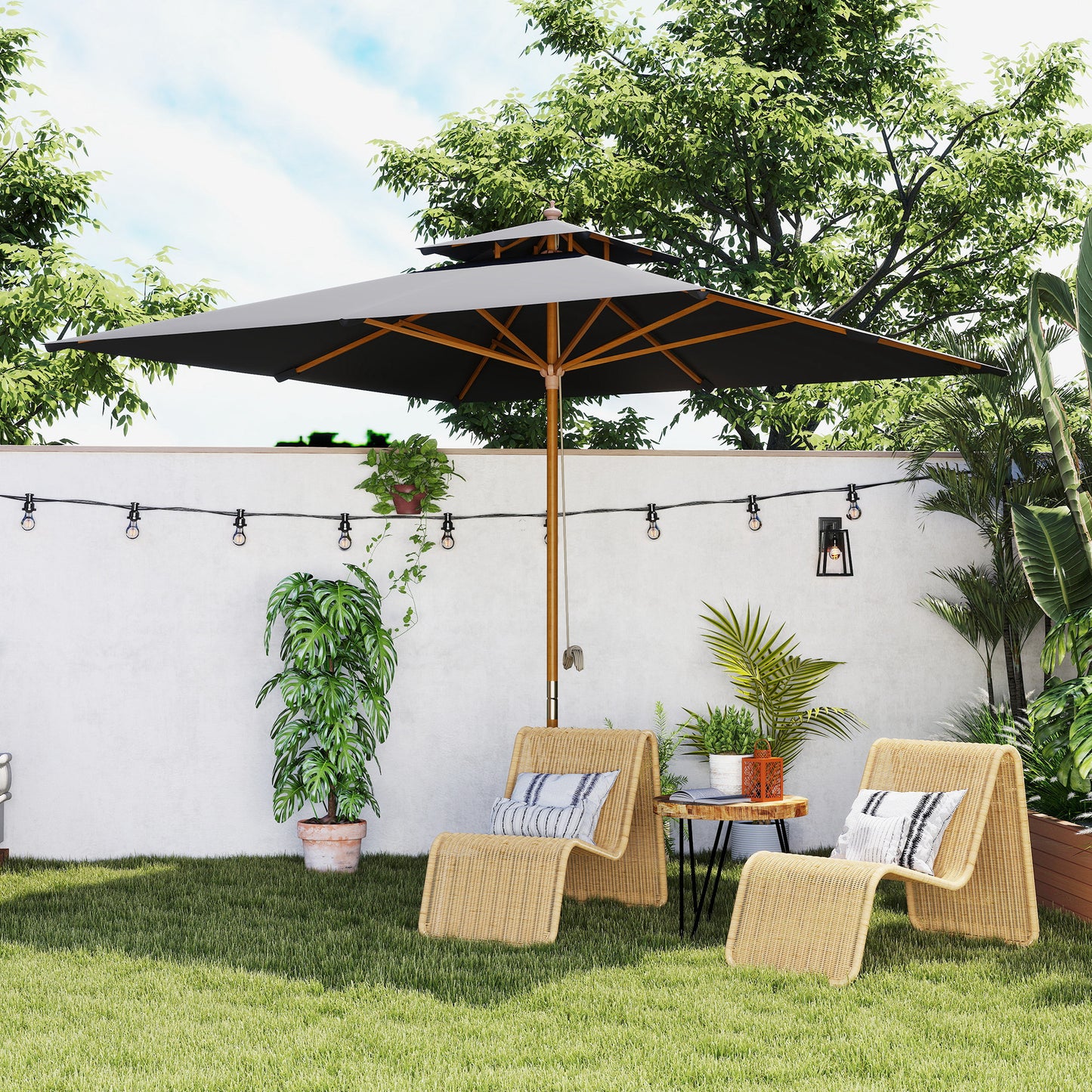 3(m) Wood Square Umbrella Garden Market Parasol Sunshade Black
