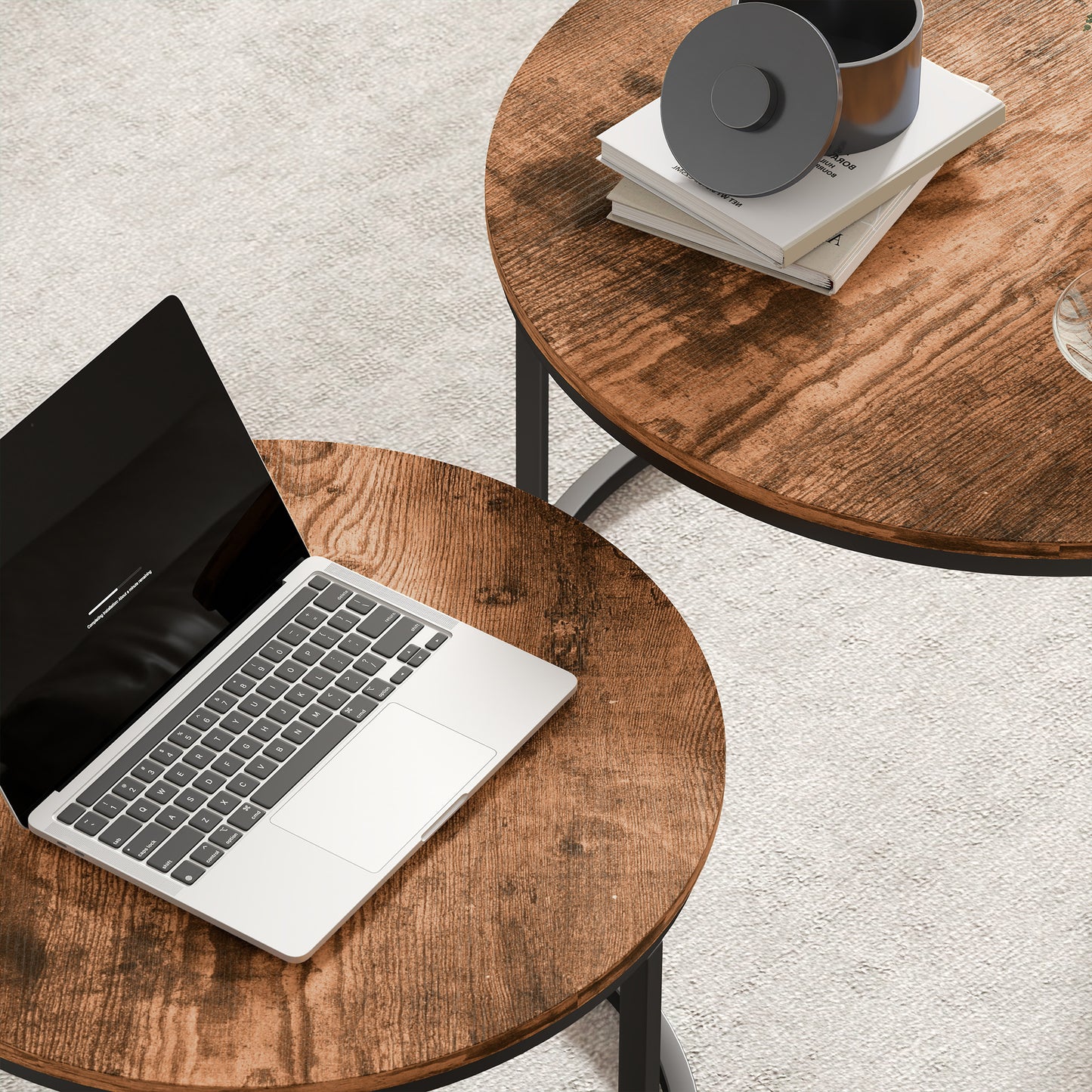 Marble Coffee Table Set of 2, Round Nest of Tables, Rustic Brown