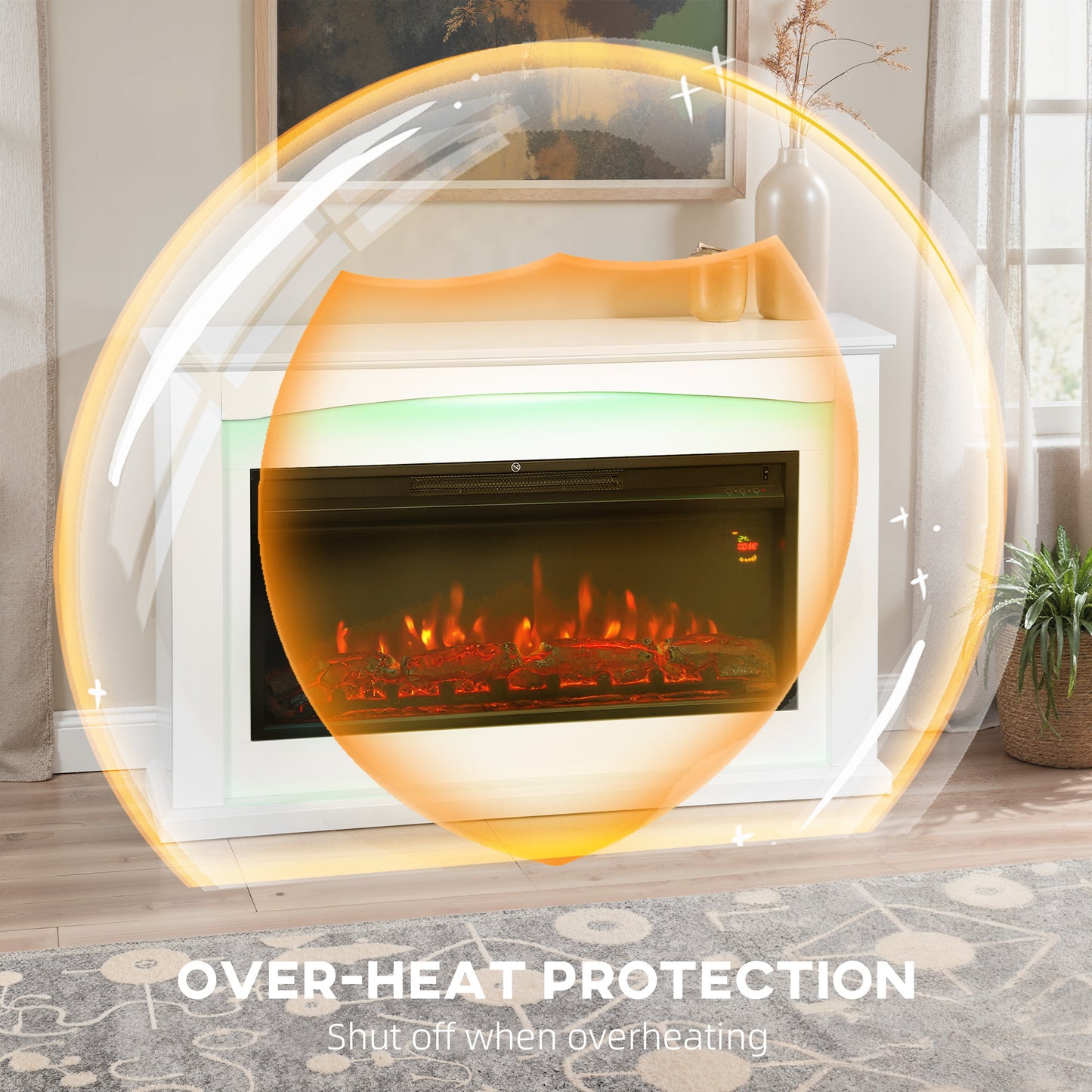 1000W/2000W Inset Electric Mantel & Fire Reach up to 30 m², White
