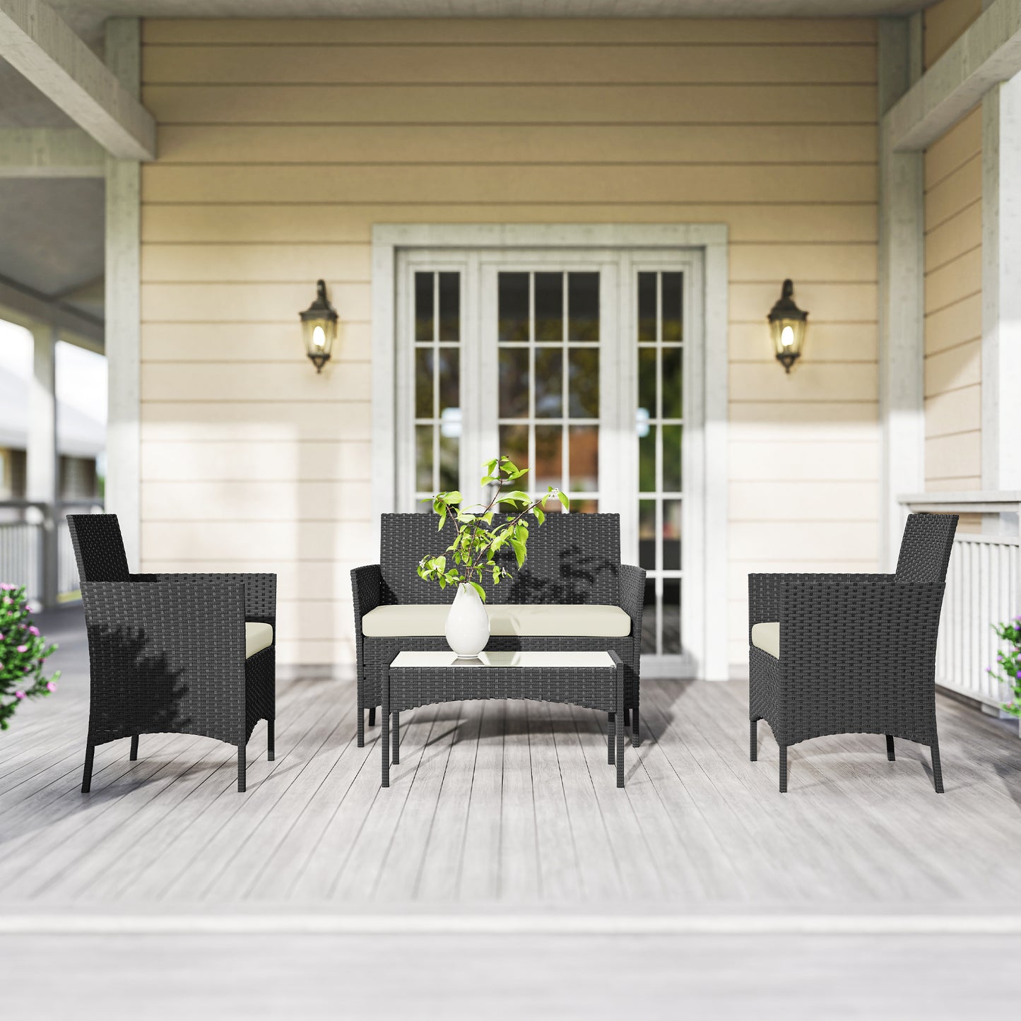 4 Piece Rattan Garden Furniture Sofa Set with Cushions, Cream White