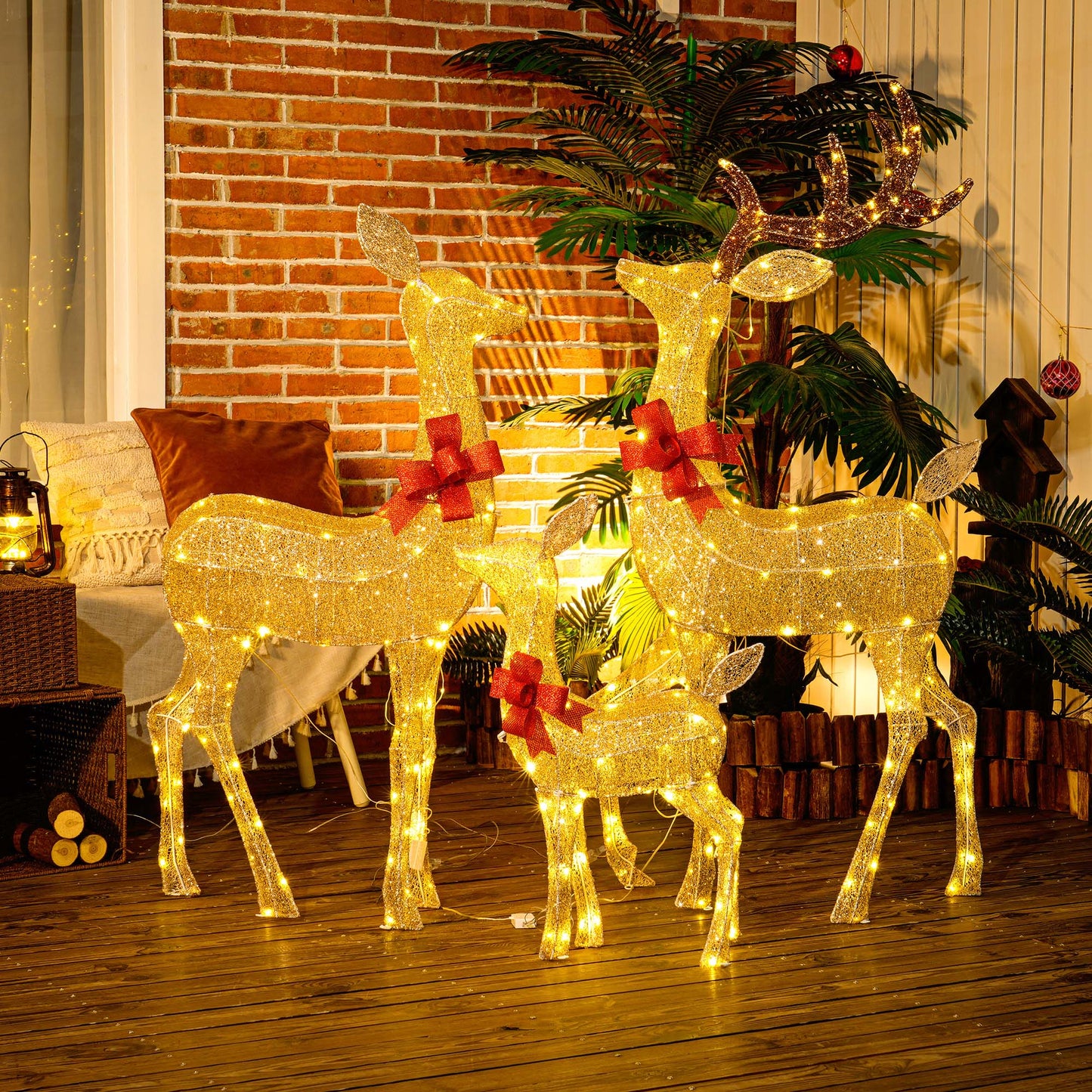 3-Piece Light Up Christmas Deer Family Set of 3 for Lawn Gold Tone