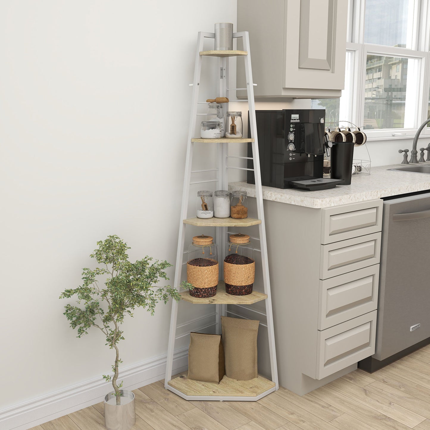 5-Tier Corner Shelf, Shelving Unit with Adjustable Feet, Natural Wood
