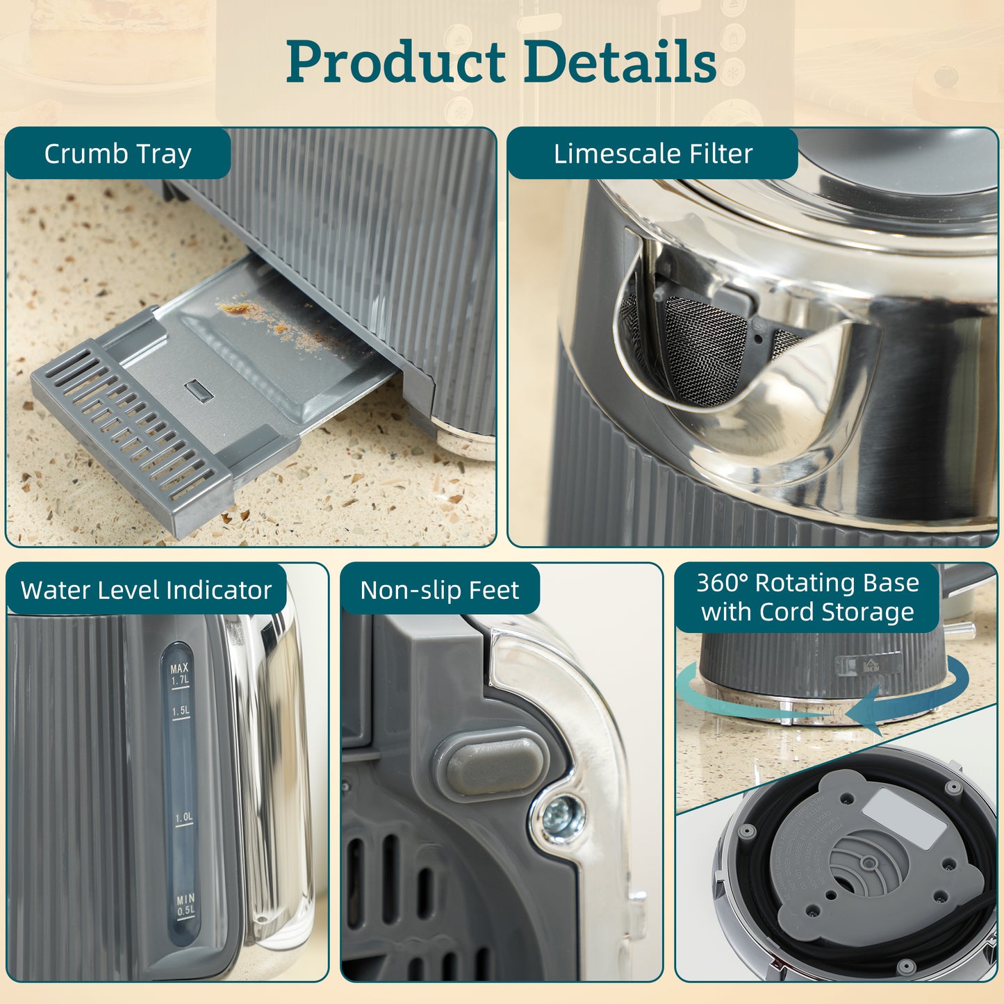 1.7L 3000W Rapid Boil Kettle and 4 Slice Toaster Set Crumb Tray Grey