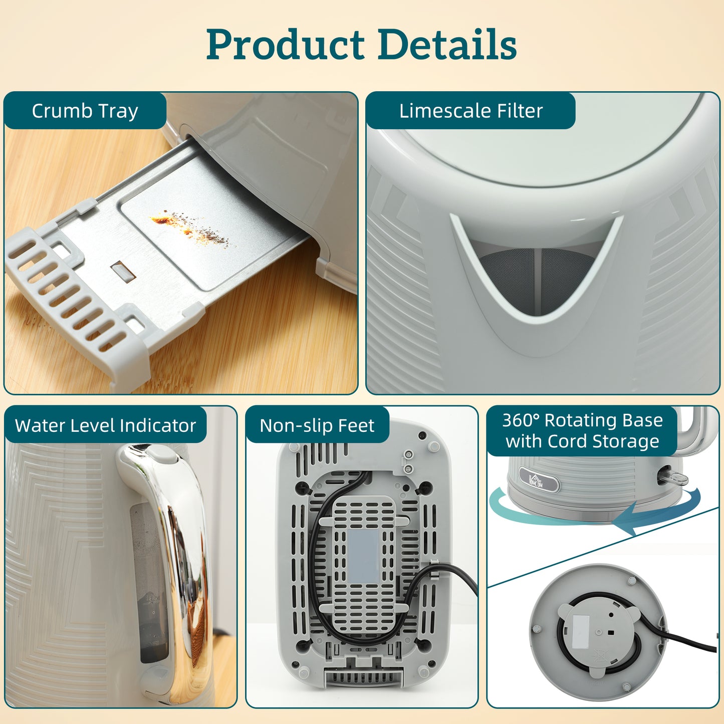 1.7L 3000W Rapid Boil Kettle and 2 Slice Toaster Set Crumb Tray Grey