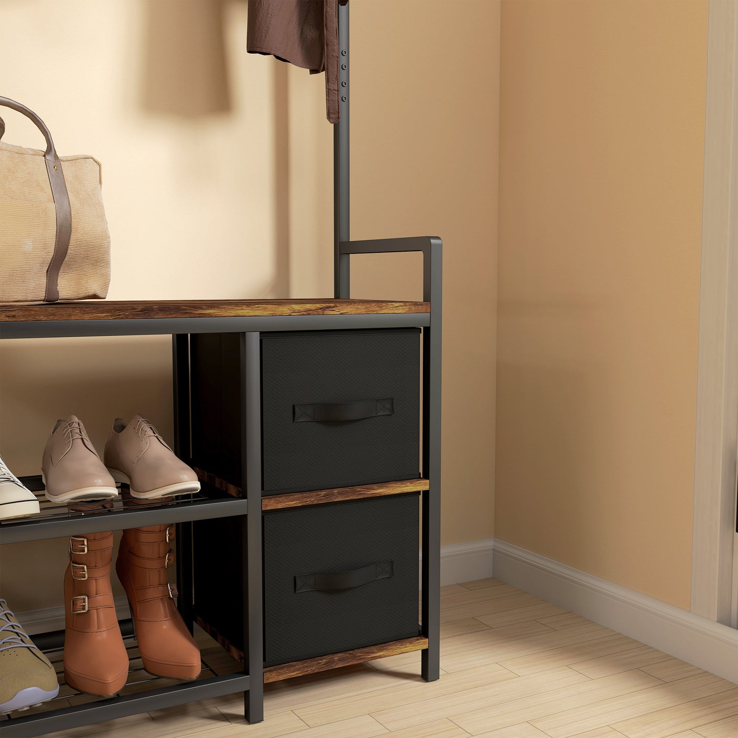 Coat Rack with Drawer, 4-in-1 Hall Tree with Coat Stand, Rustic Brown