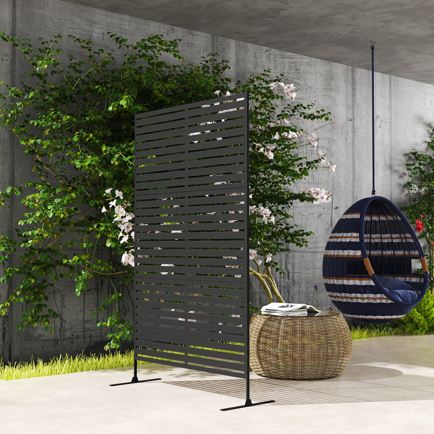Outdoor Privacy Screen, Freestanding Outdoor Divider, Striped Black