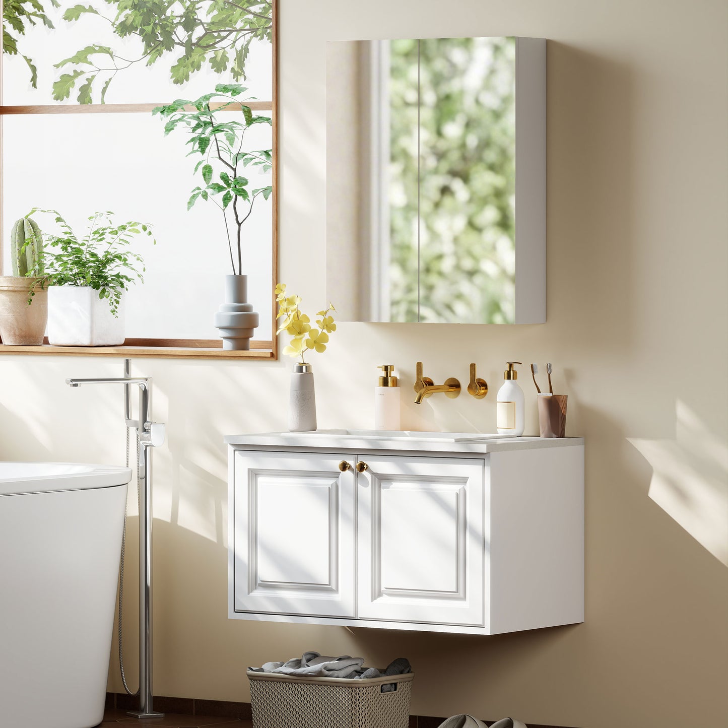 Wall Mounted Bathroom Mirror Storage Cabinet w/ Door Adjustable Shelf