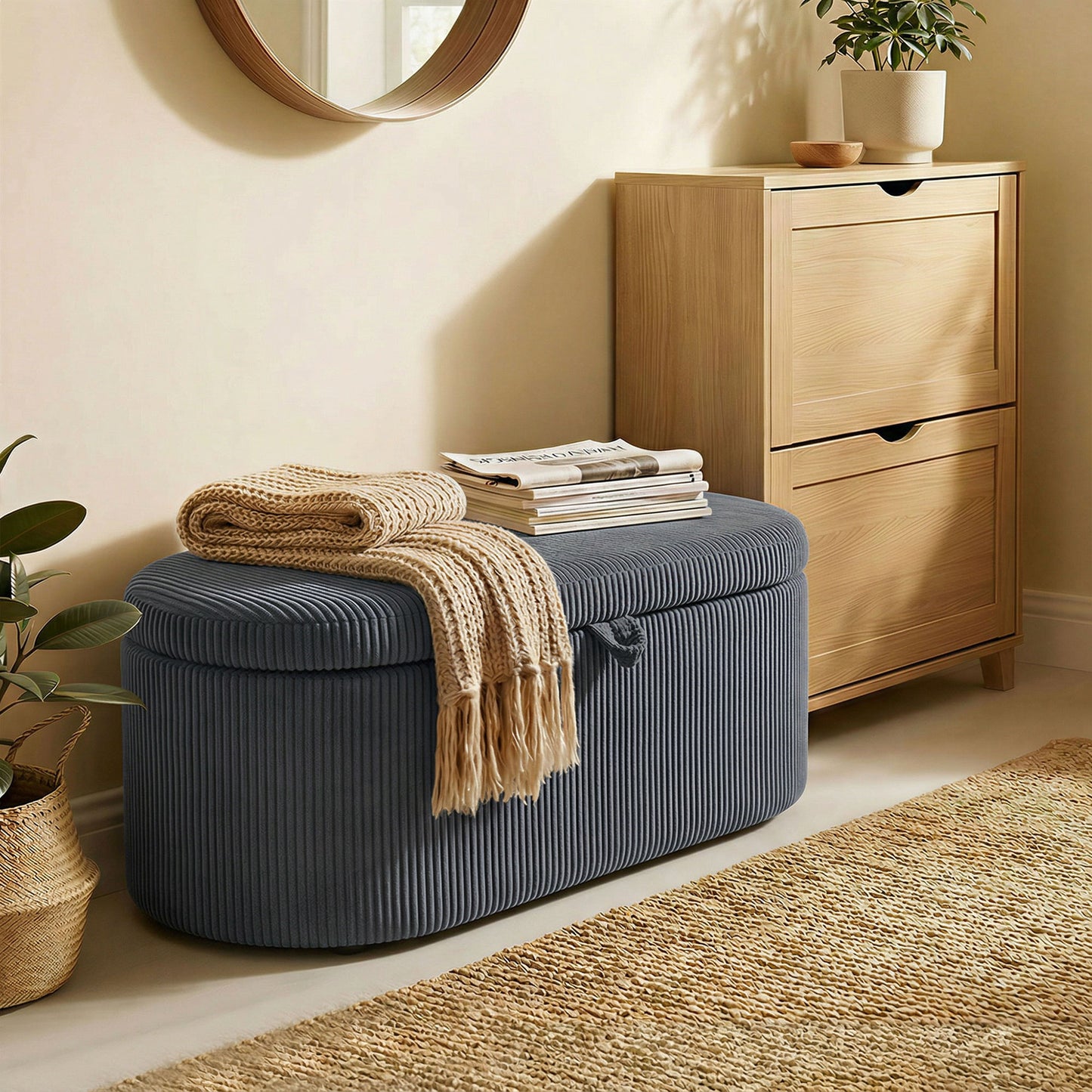 Storage Ottoman, Corduroy Ottoman Storage Box with Padded Seat