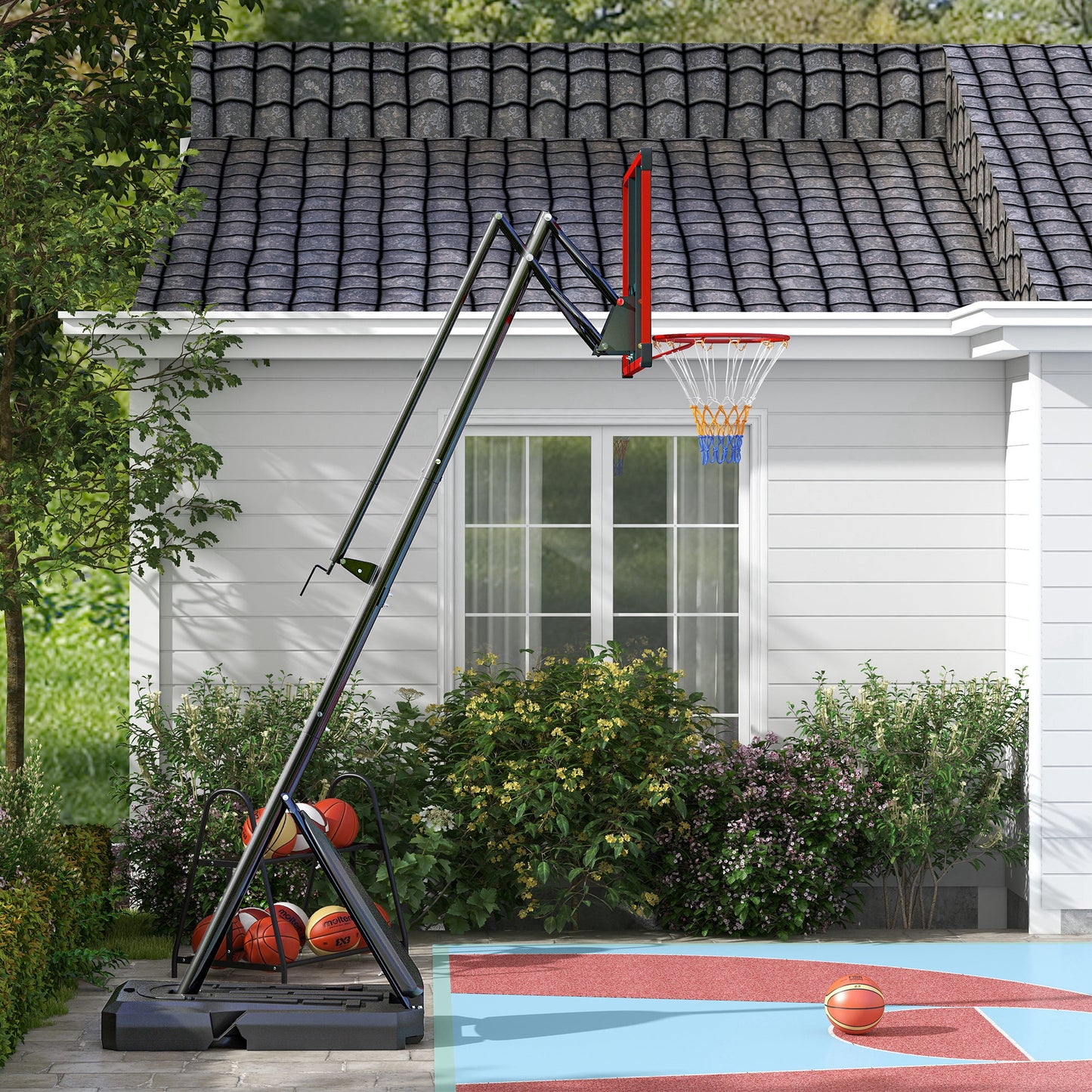 Adjustable Basketball Hoop and Stand with Weighted Base, Portable on Wheels, 2.4-2.9m, Red