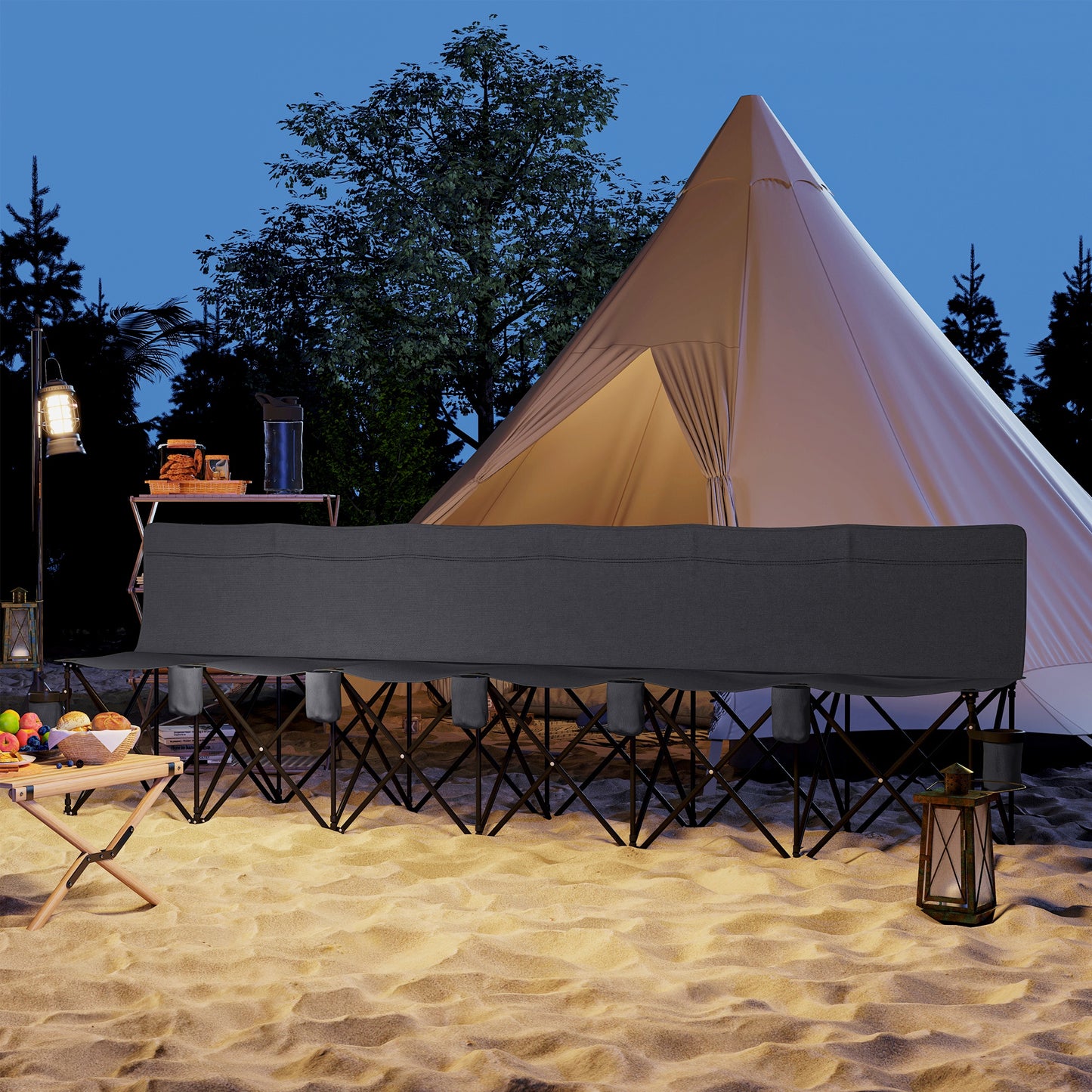 6 Seater Folding Bench Camping Chair with Cup Holder, Charcoal Grey