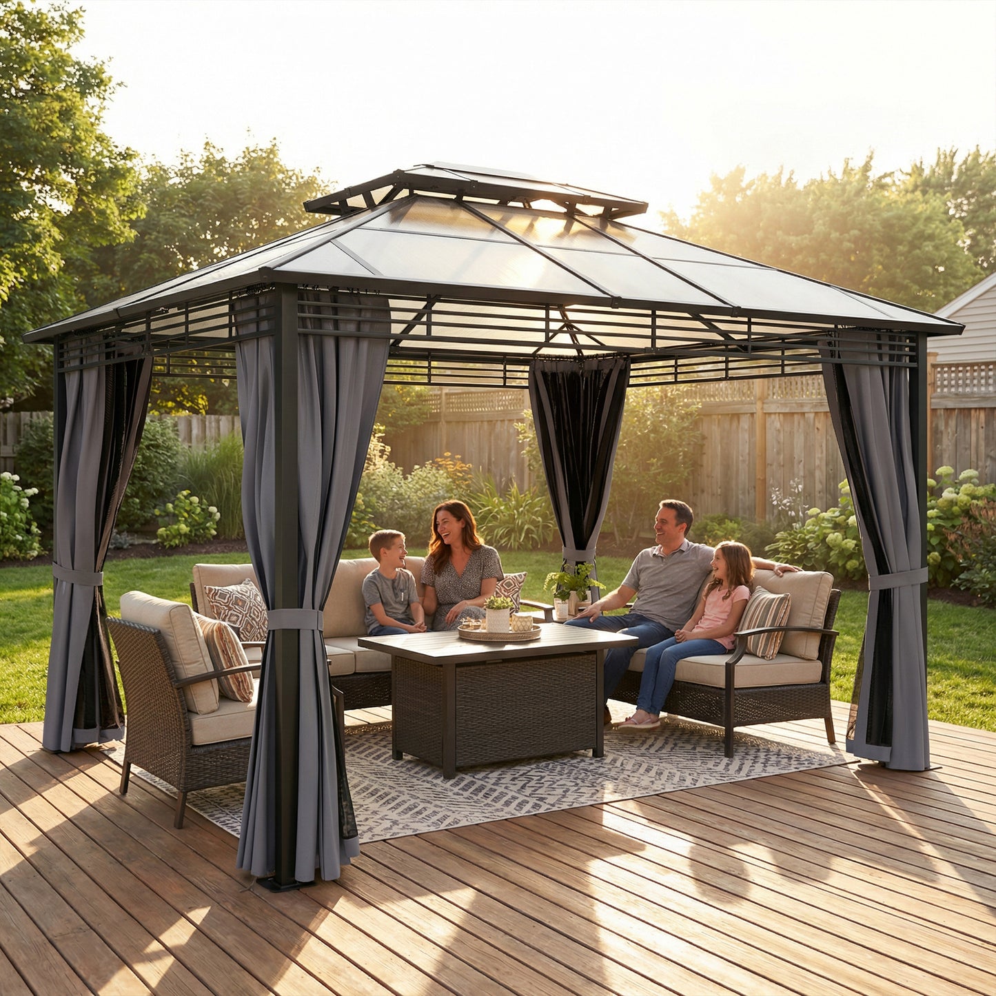3 x 3.6 m Hardtop Gazebo with Sides, 2-Tier Roof Garden Gazebo
