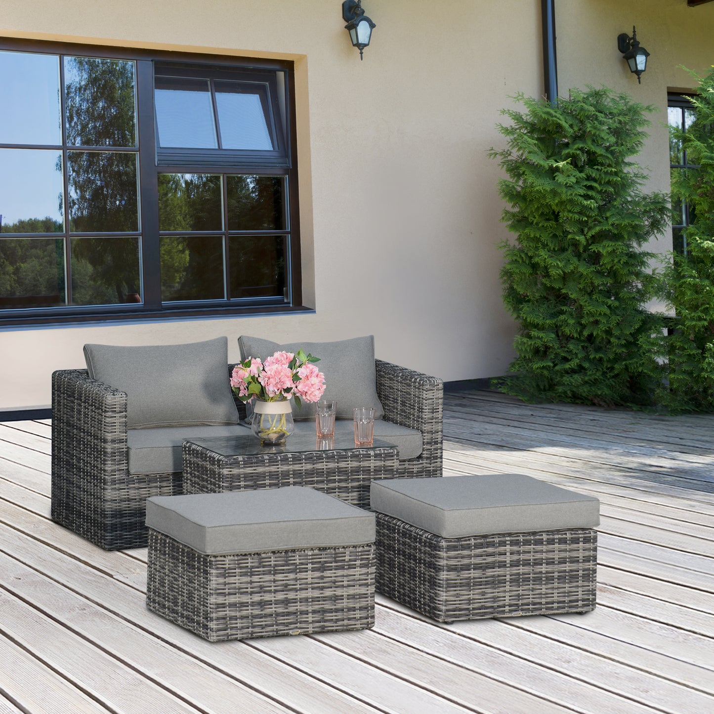 2 Seater Rattan Garden Furniture Set w/ Tall Glass-Top Table Aluminium Frame Balcony Set, Mixed Grey